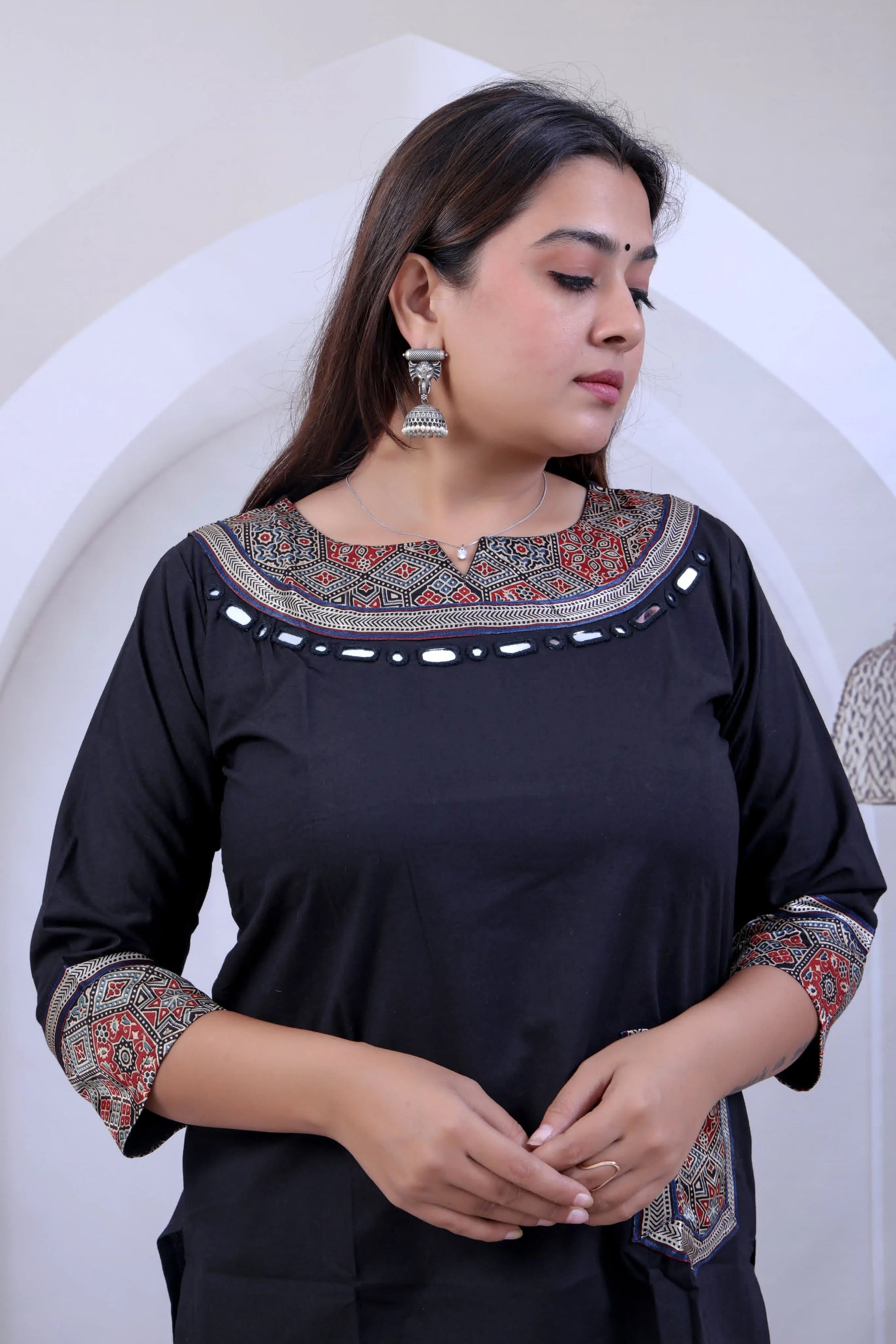 Black Navya Ajarakh Mirror Pocket U Neck Short Top RAKHIYO