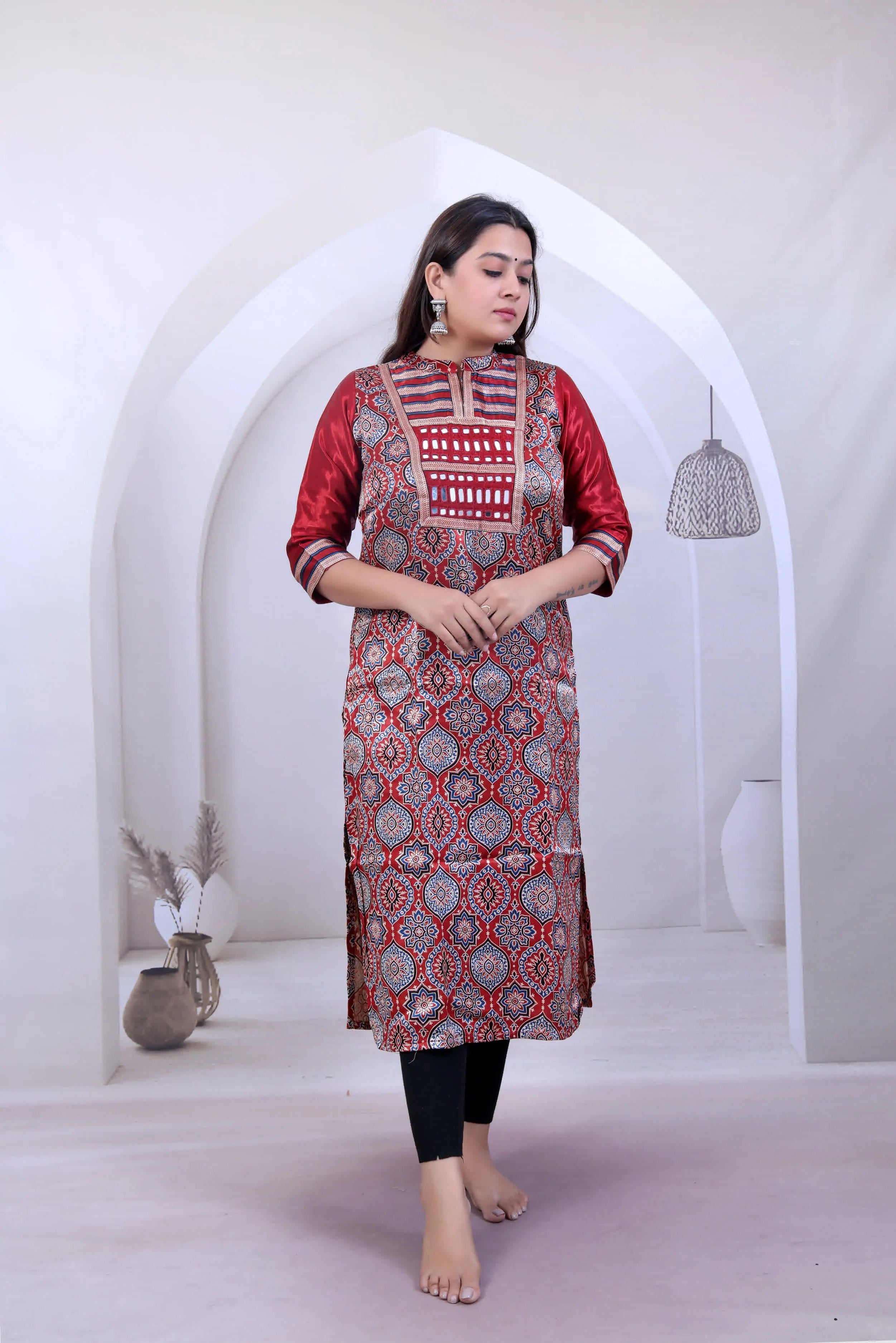 Urvi Ajarakh Badam Mirror Stand Collar Mashroo Silk Straight Kurti RAKHIYO