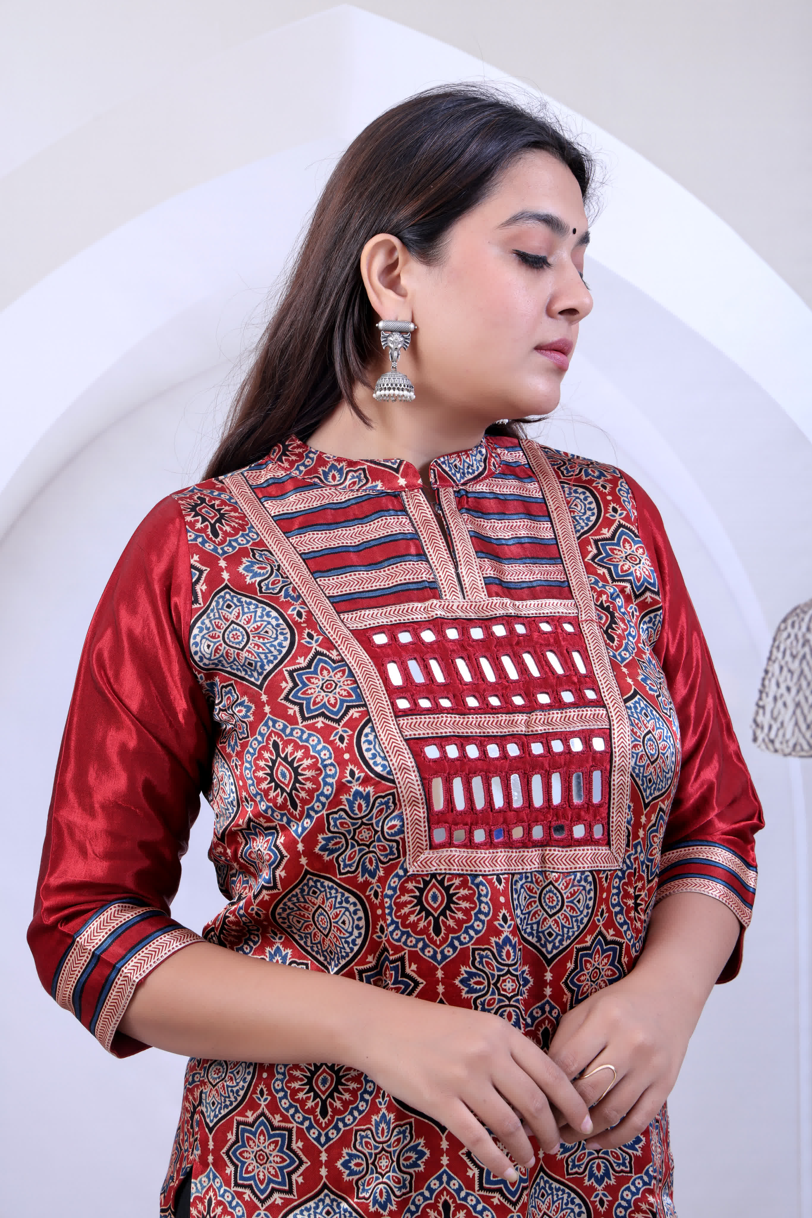 Urvi Ajarakh Badam Mirror Stand Collar Mashroo Silk Straight Kurti RAKHIYO