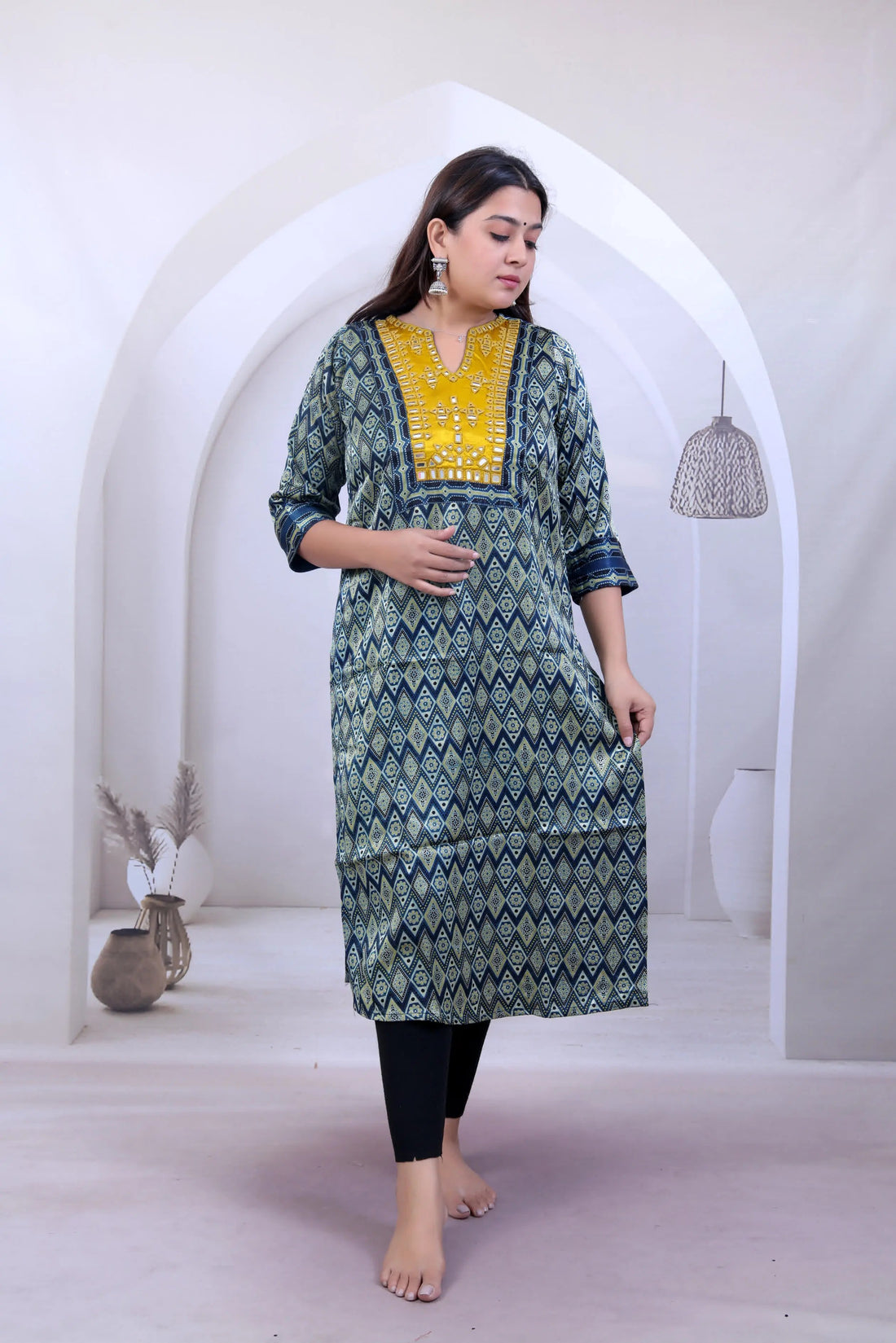 Trisha Ajarakh Indigo Gala Mirror Mashroo Silk Straight Kurti RAKHIYO