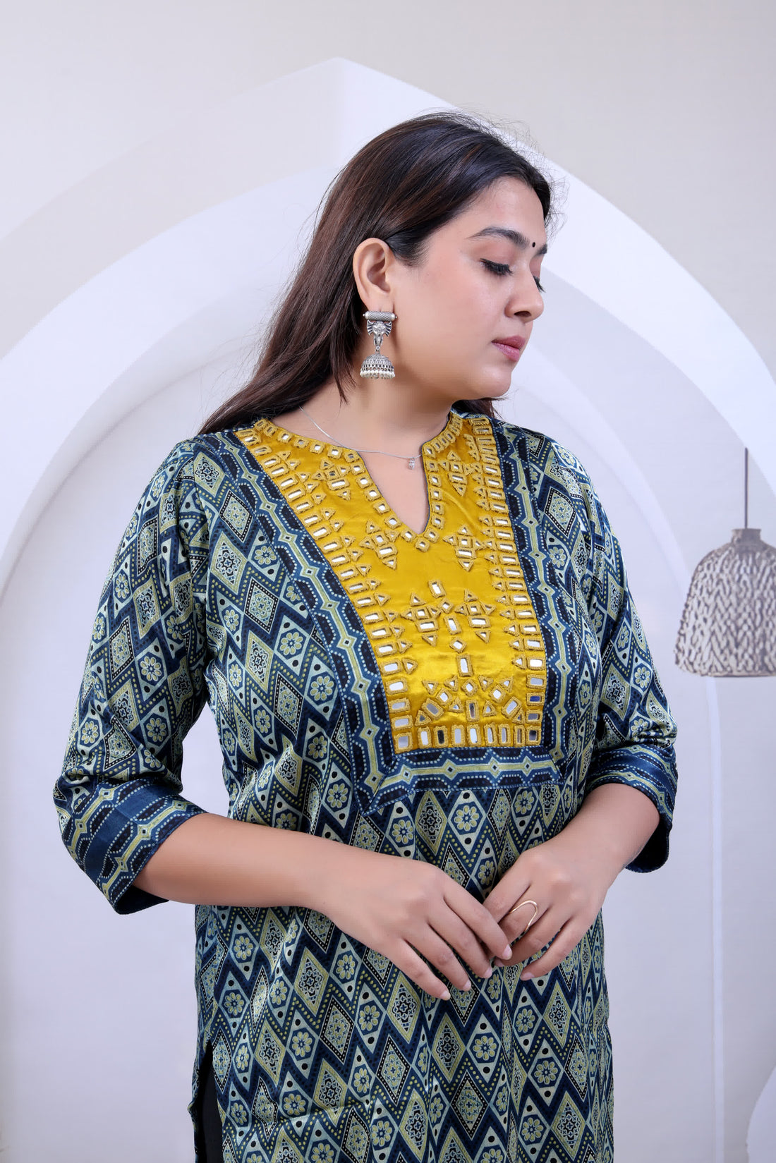 Trisha Ajarakh Indigo Gala Mirror Mashroo Silk Straight Kurti RAKHIYO