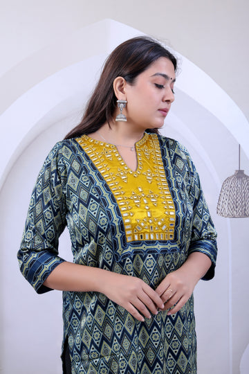 Trisha Ajarakh Indigo Gala Mirror Mashroo Silk Straight Kurti RAKHIYO