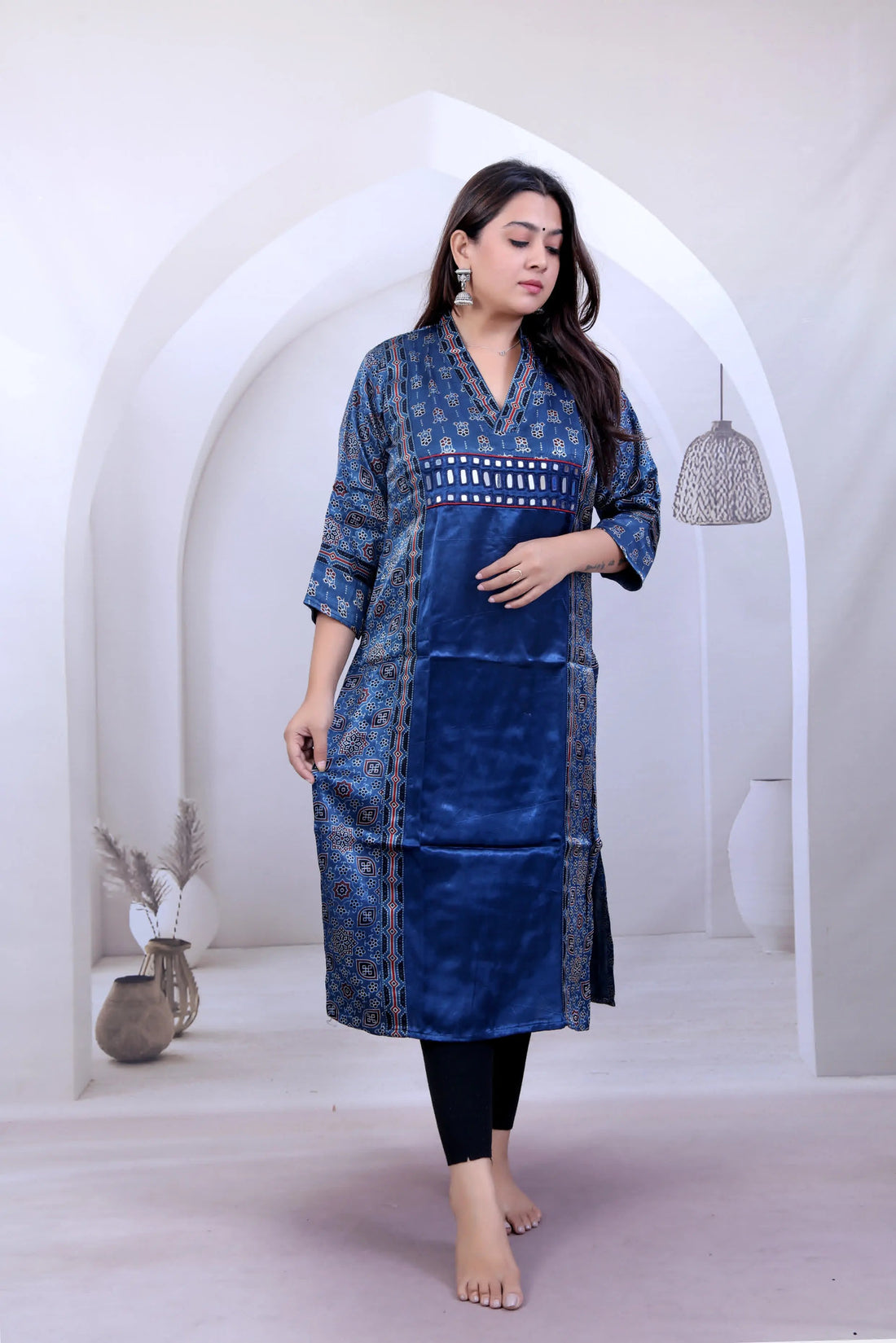 Ravini Ajarakh V Neck Mashroo Silk Straight Kurti RAKHIYO