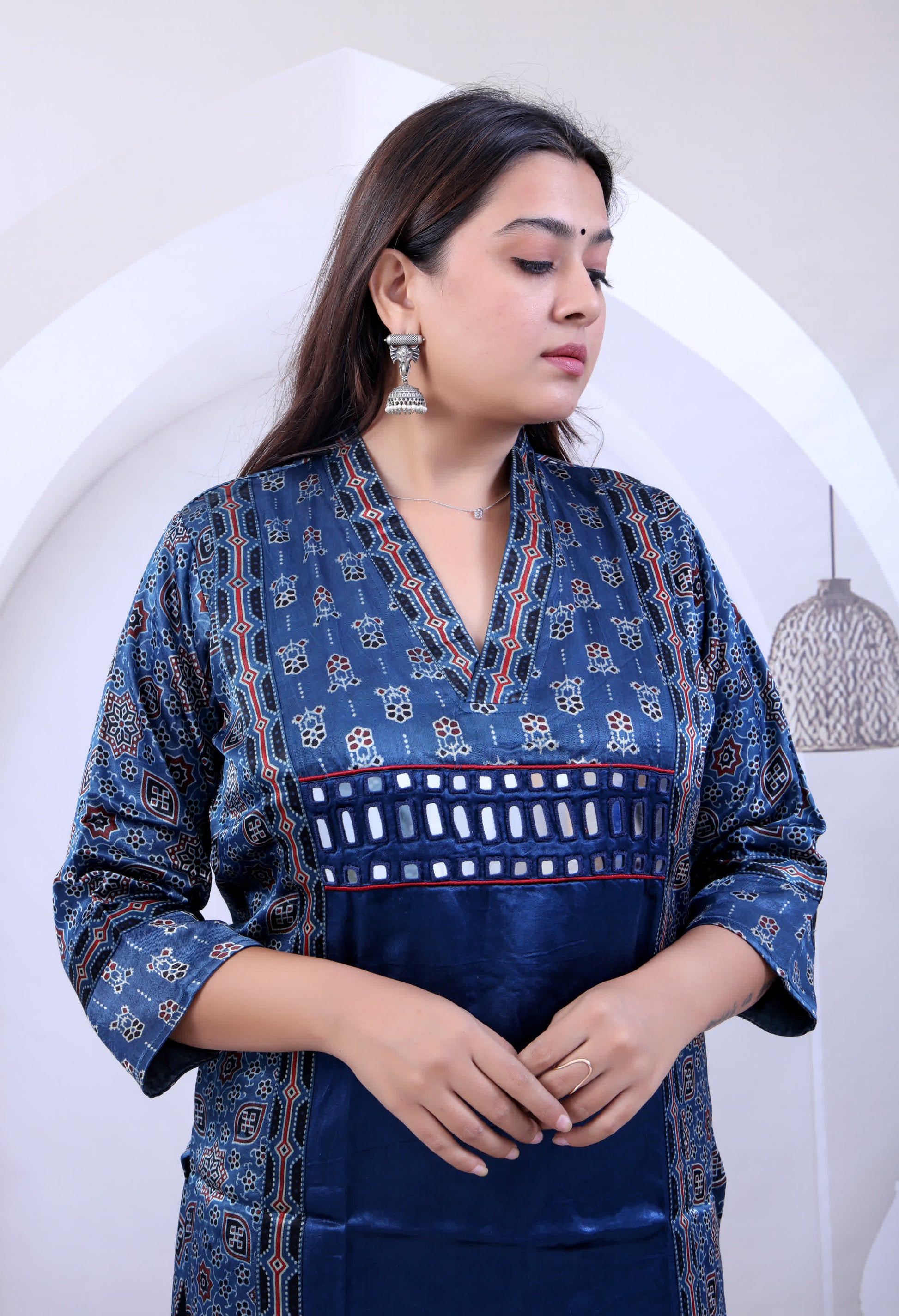 Ravini Ajarakh V Neck Mashroo Silk Straight Kurti RAKHIYO