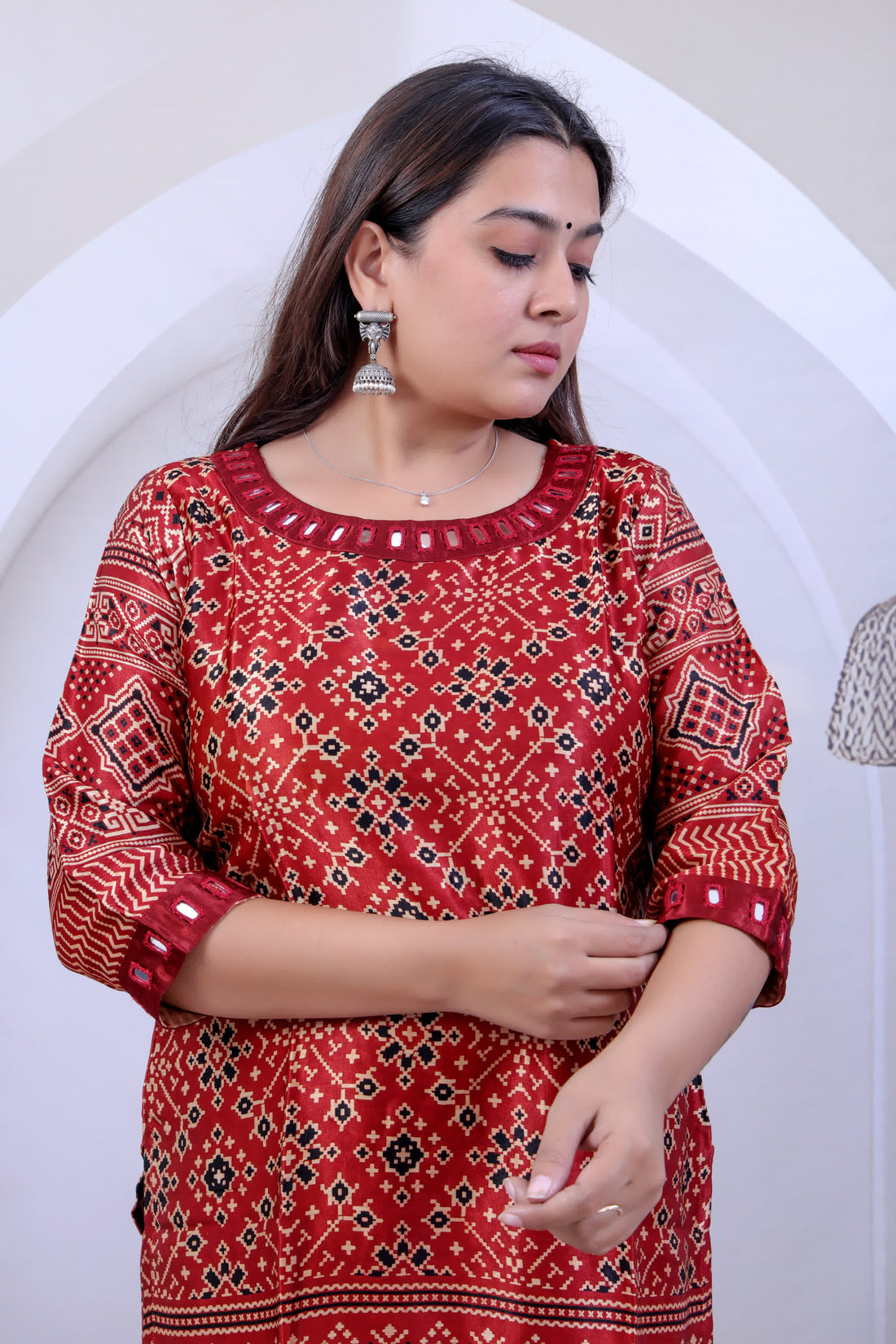 Maroon Avanti Ajarakh Patola Mirror Mashroo Silk Straight Kurti RAKHIYO