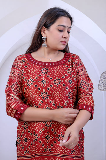 Maroon Avanti Ajarakh Patola Mirror Mashroo Silk Straight Kurti RAKHIYO