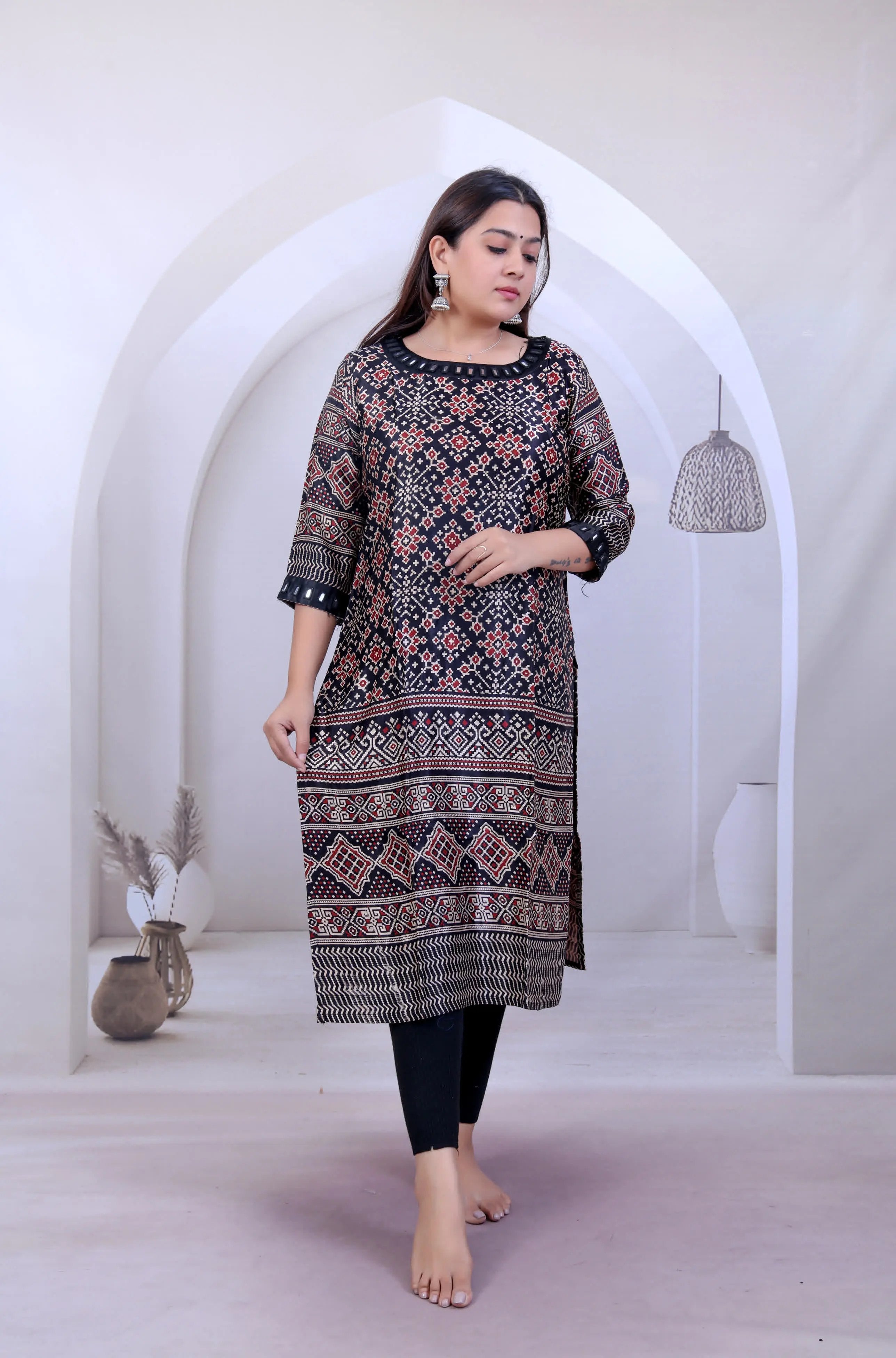 Black Avanti Ajarakh Patola Mirror Mashroo Silk Straight Kurti RAKHIYO