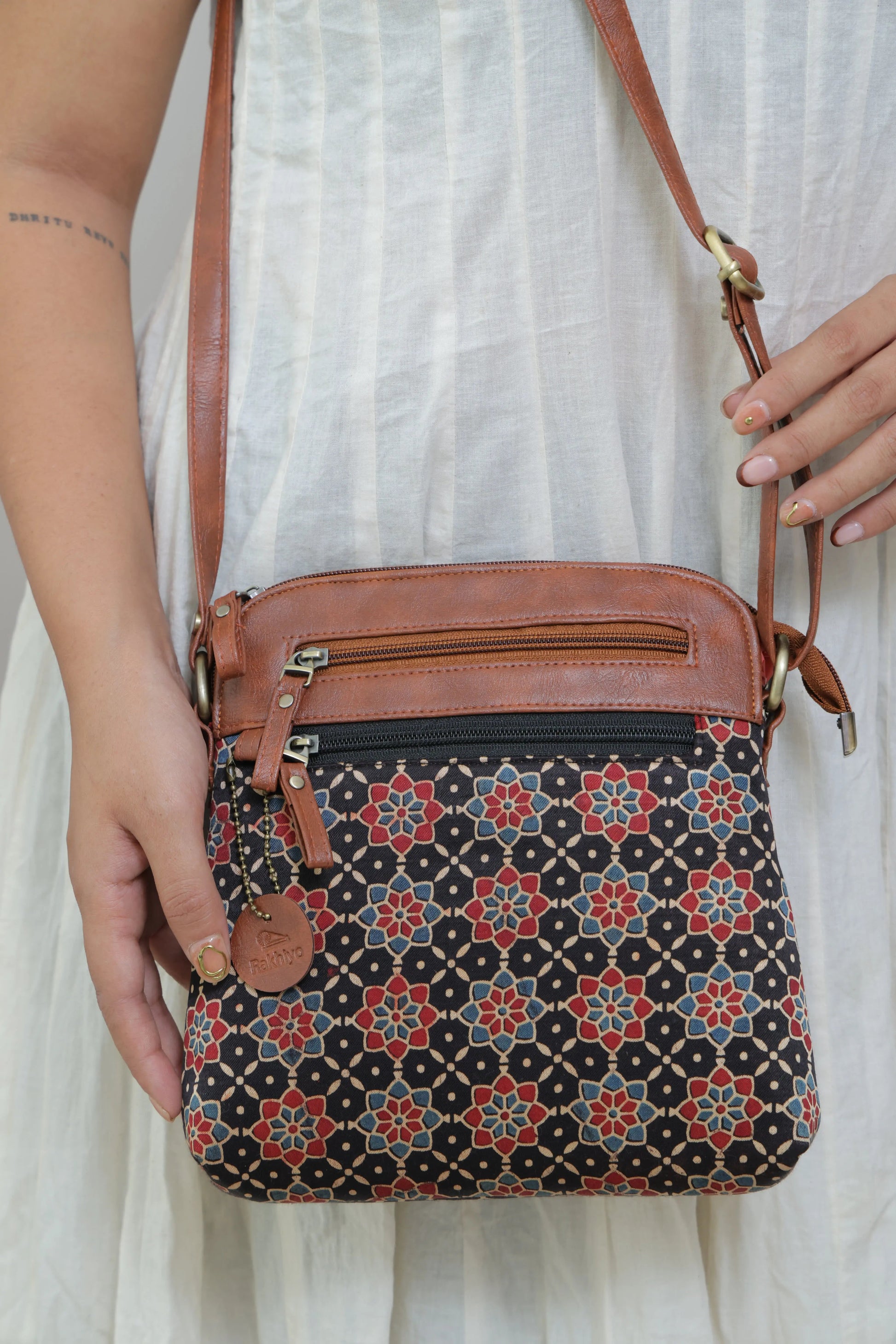 Black Vegan leather Ajarakh Mashroo Sling & Wallet Combo Bag RAKHIYO