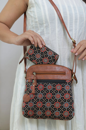 Black Vegan leather Ajarakh Mashroo Sling & Wallet Combo Bag RAKHIYO