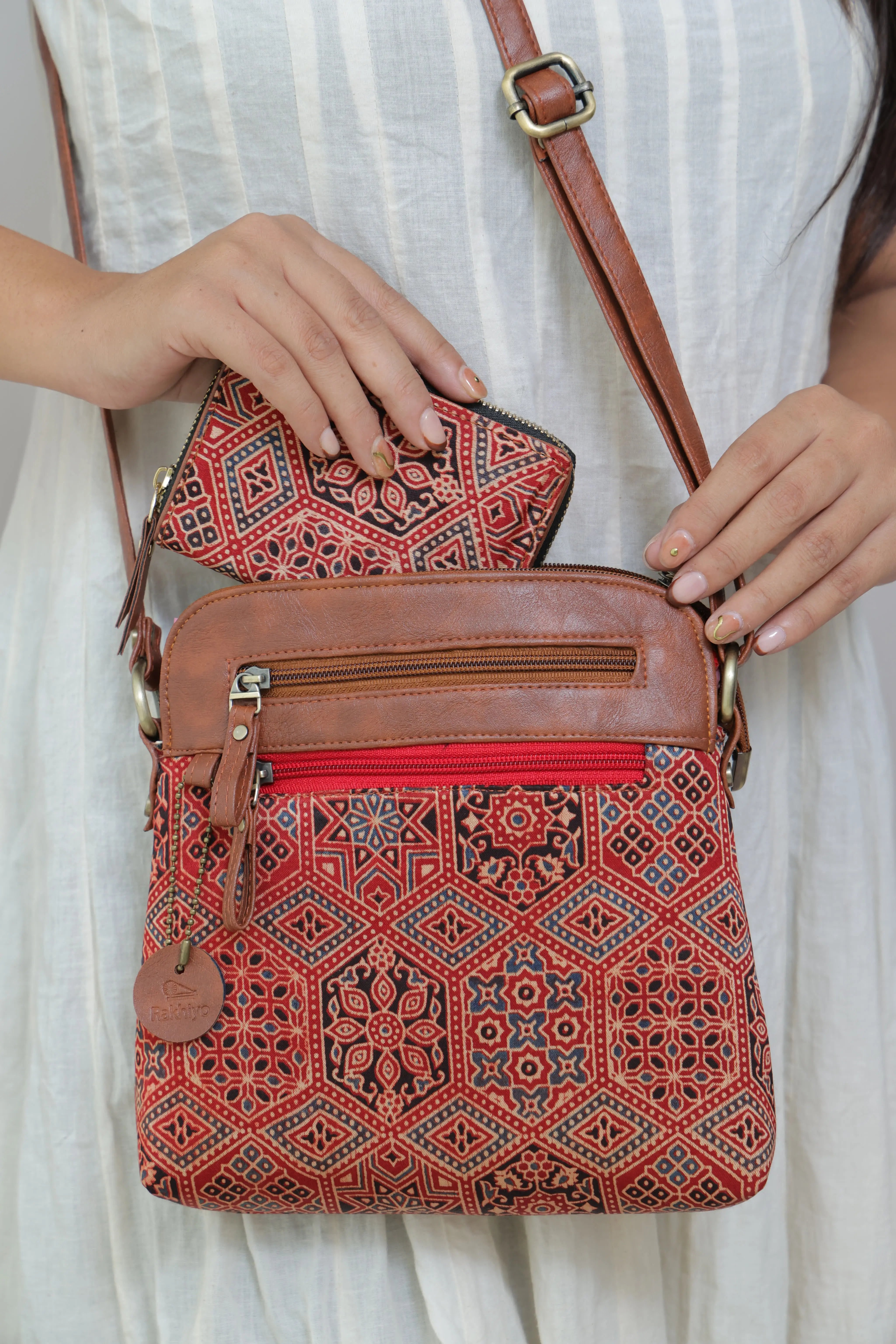 Maroon Vegan leather Ajarakh Mashroo Sling & Wallet Combo Bag RAKHIYO