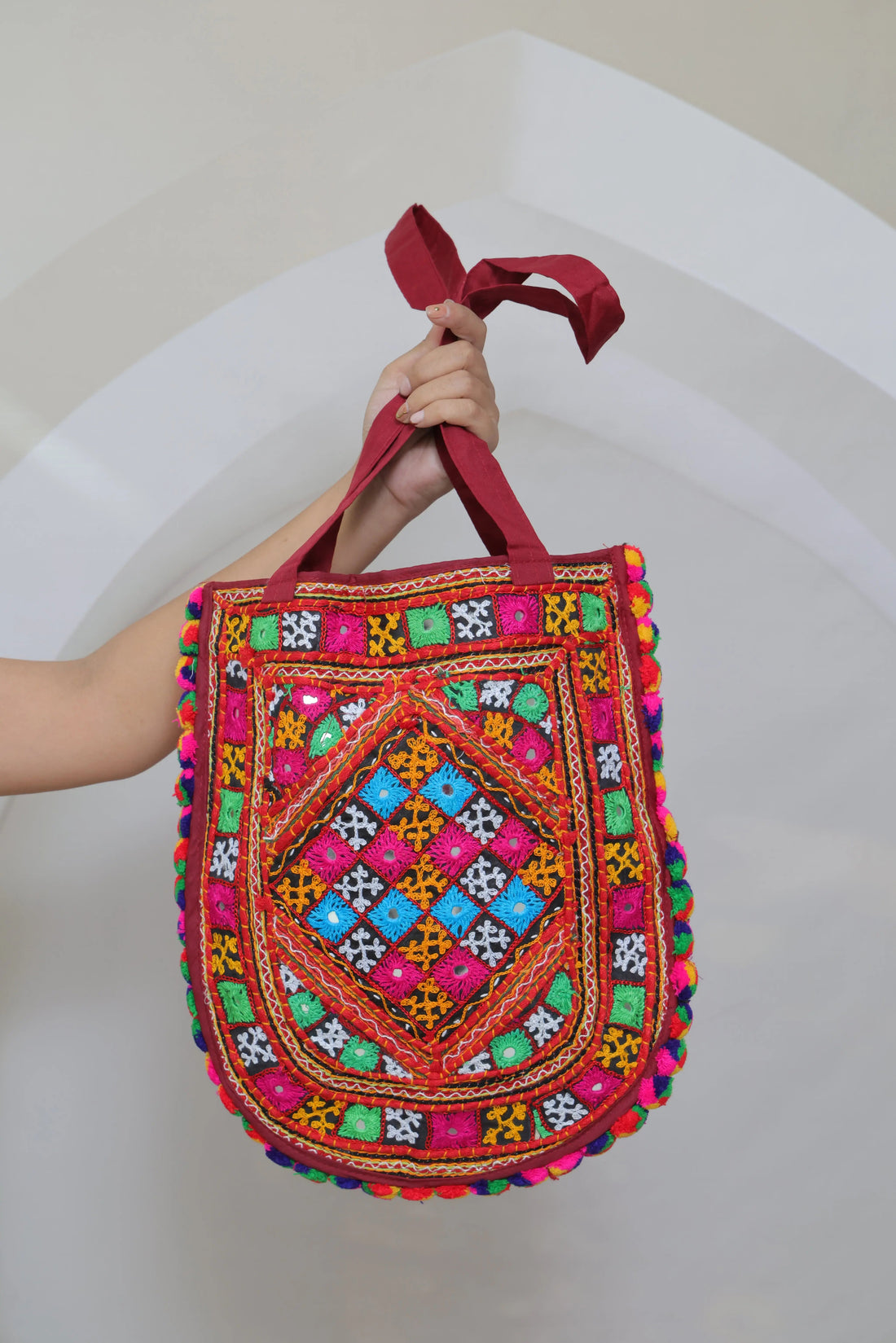 Kutchh Handwork Round Pop Pom Shoulder Bag RAKHIYO