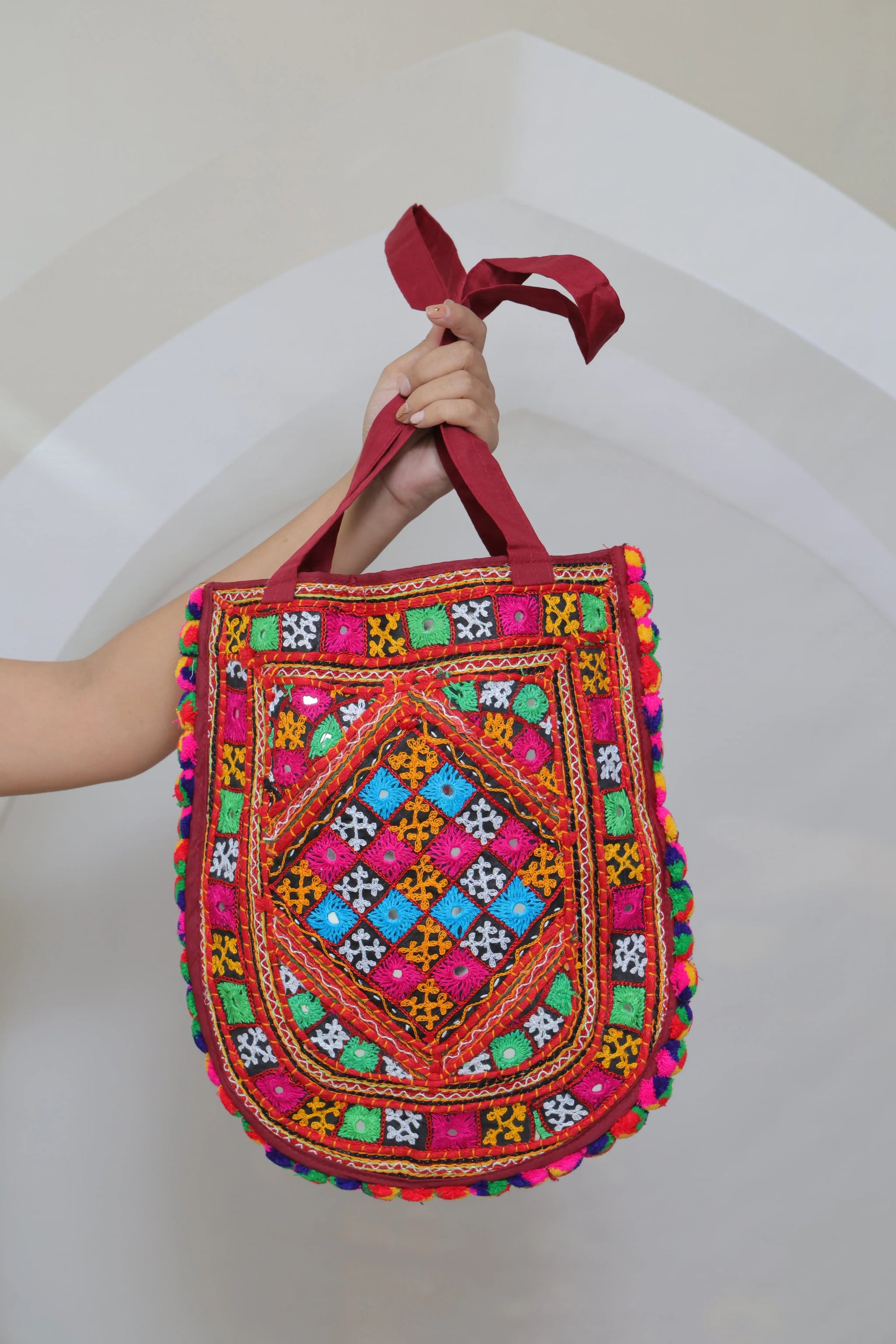 Kutchh Handwork Round Pop Pom Shoulder Bag RAKHIYO