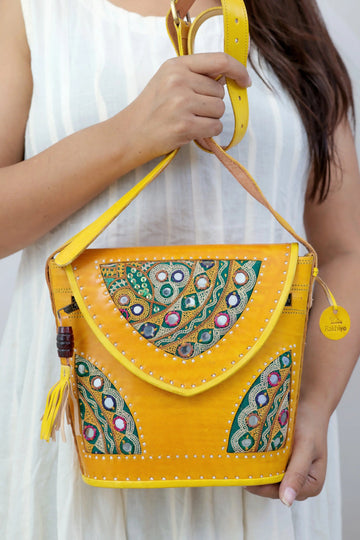 Yellow Tri-Handwork Kutchhi Punching Bucket - The Sling RAKHIYO