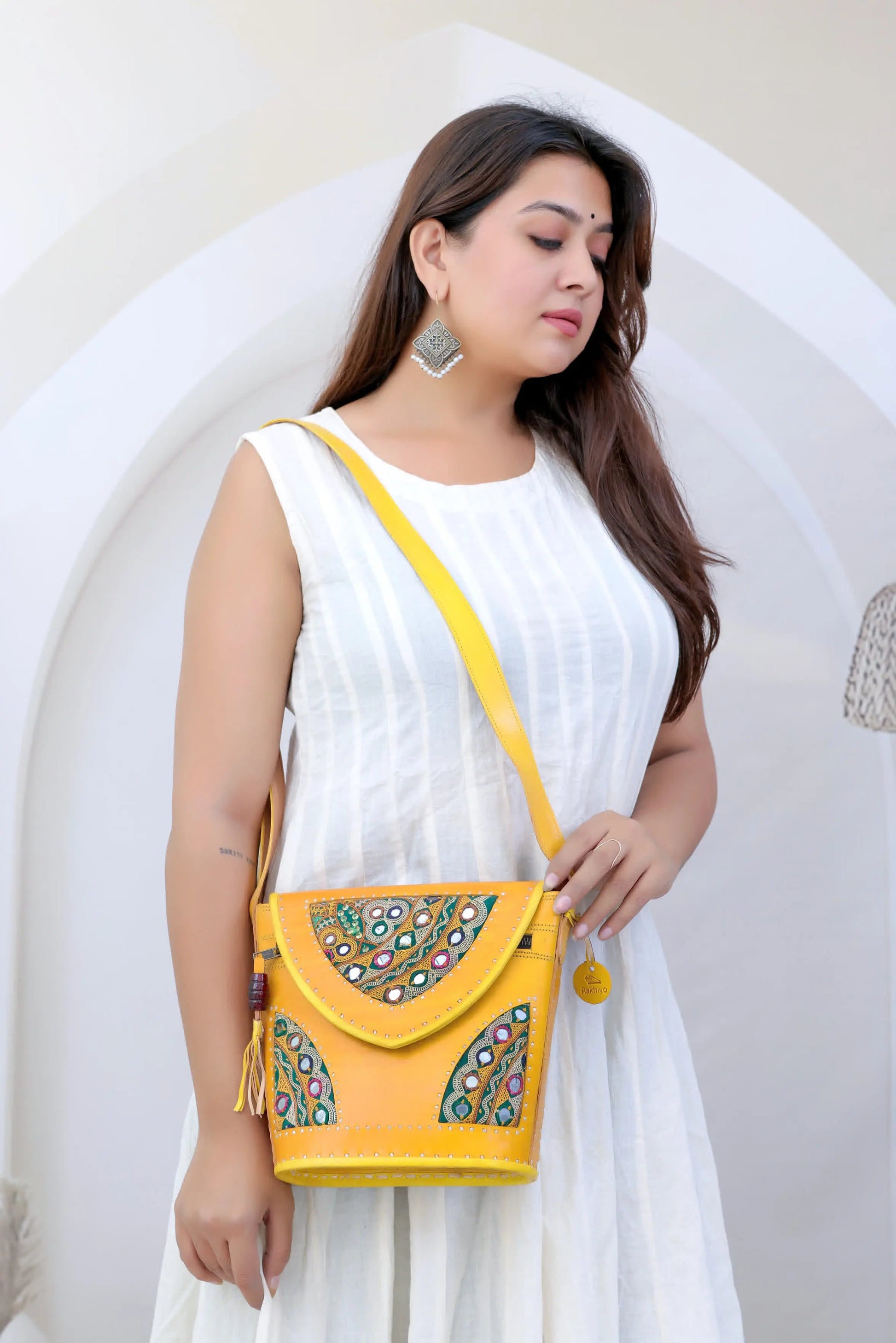 Yellow Tri-Handwork Kutchhi Punching Bucket - The Sling RAKHIYO