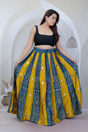 Ajarakh Kali Mashroo Silk Mirror Lahenga/skirt