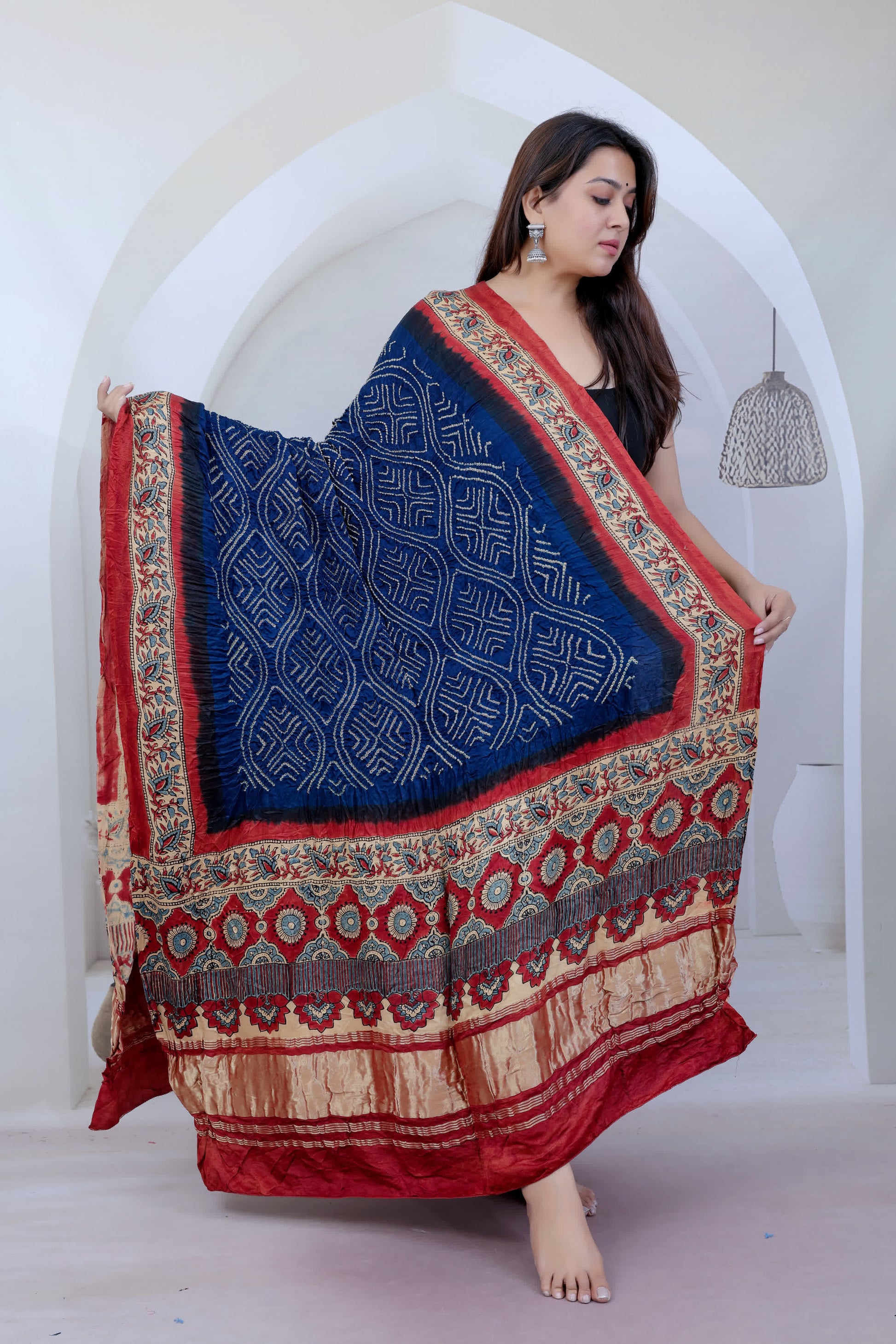 Blue Ajarakh-Bandhani Rai Bandhej Gaji Silk Dupatta RAKHIYO