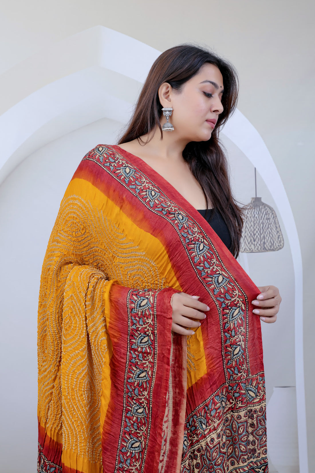 Mustard Ajarakh-Bandhani Rai Bandhej Gaji Silk Dupatta RAKHIYO