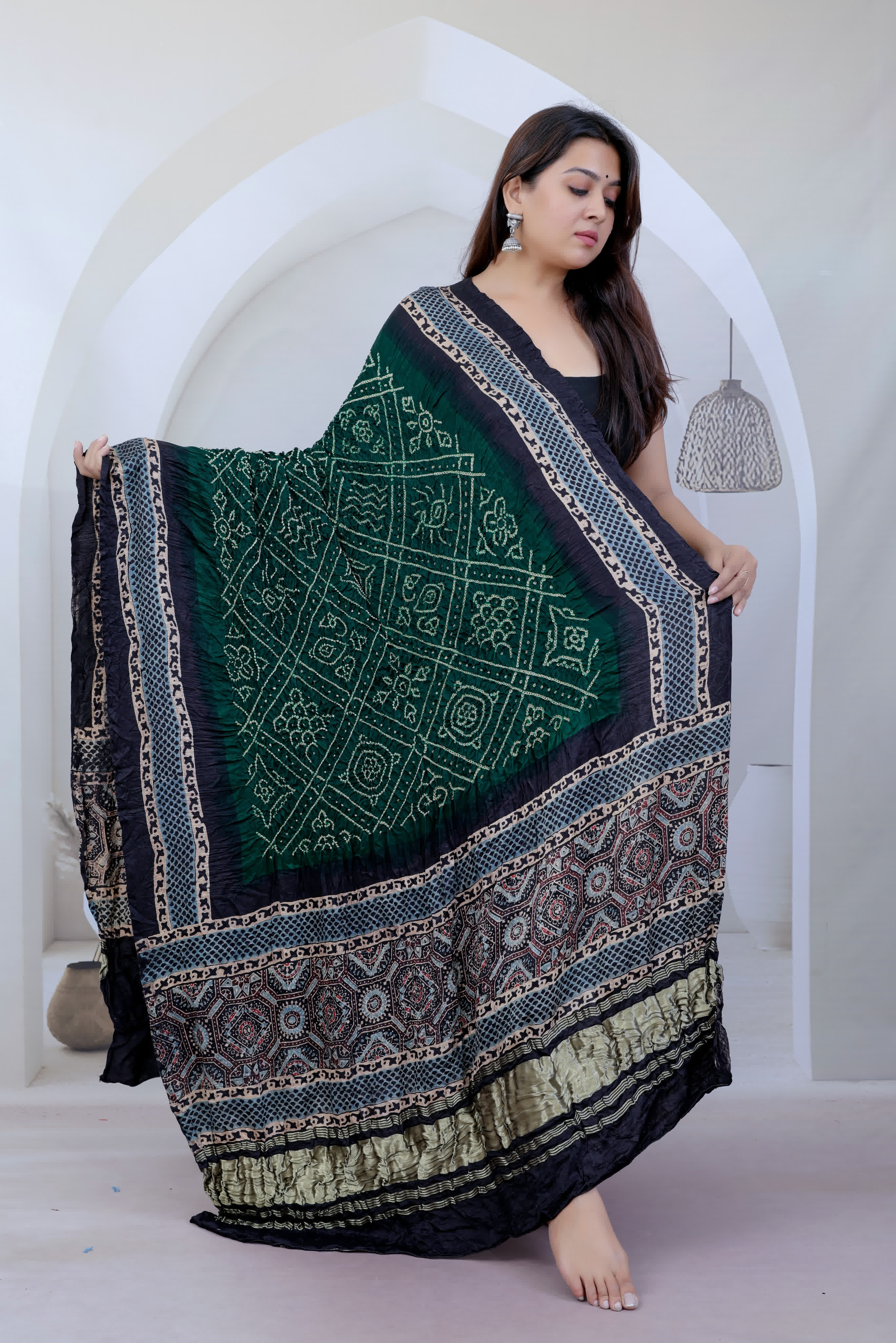 Bottle Green Ajarakh-Bandhani Rai Bandhej Gaji Silk Dupatta RAKHIYO