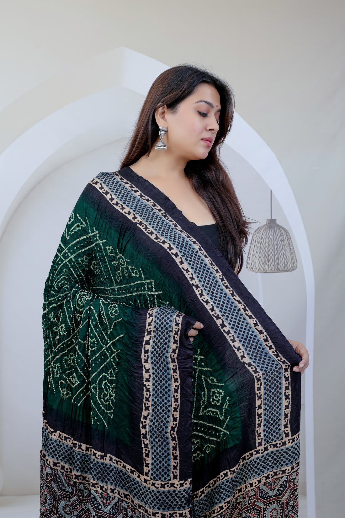 Bottle Green Ajarakh-Bandhani Rai Bandhej Gaji Silk Dupatta RAKHIYO
