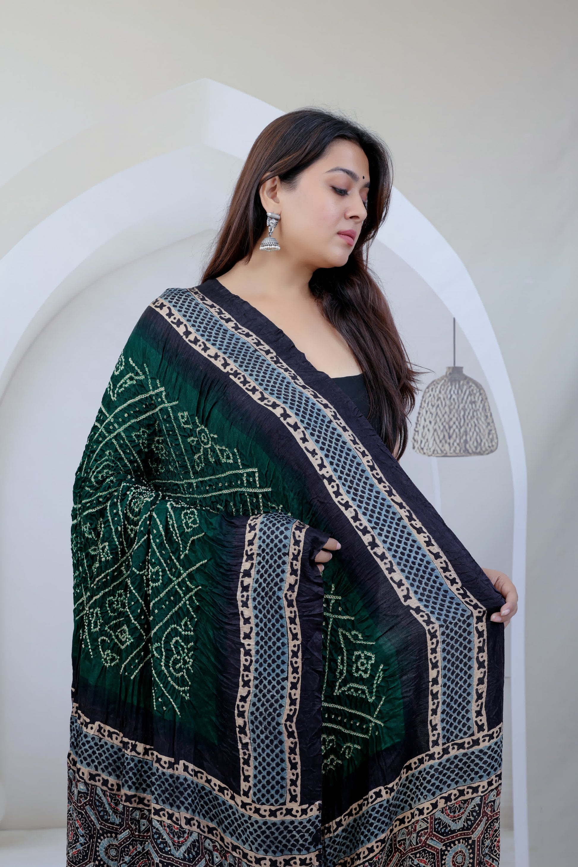Bottle Green Ajarakh-Bandhani Rai Bandhej Gaji Silk Dupatta RAKHIYO