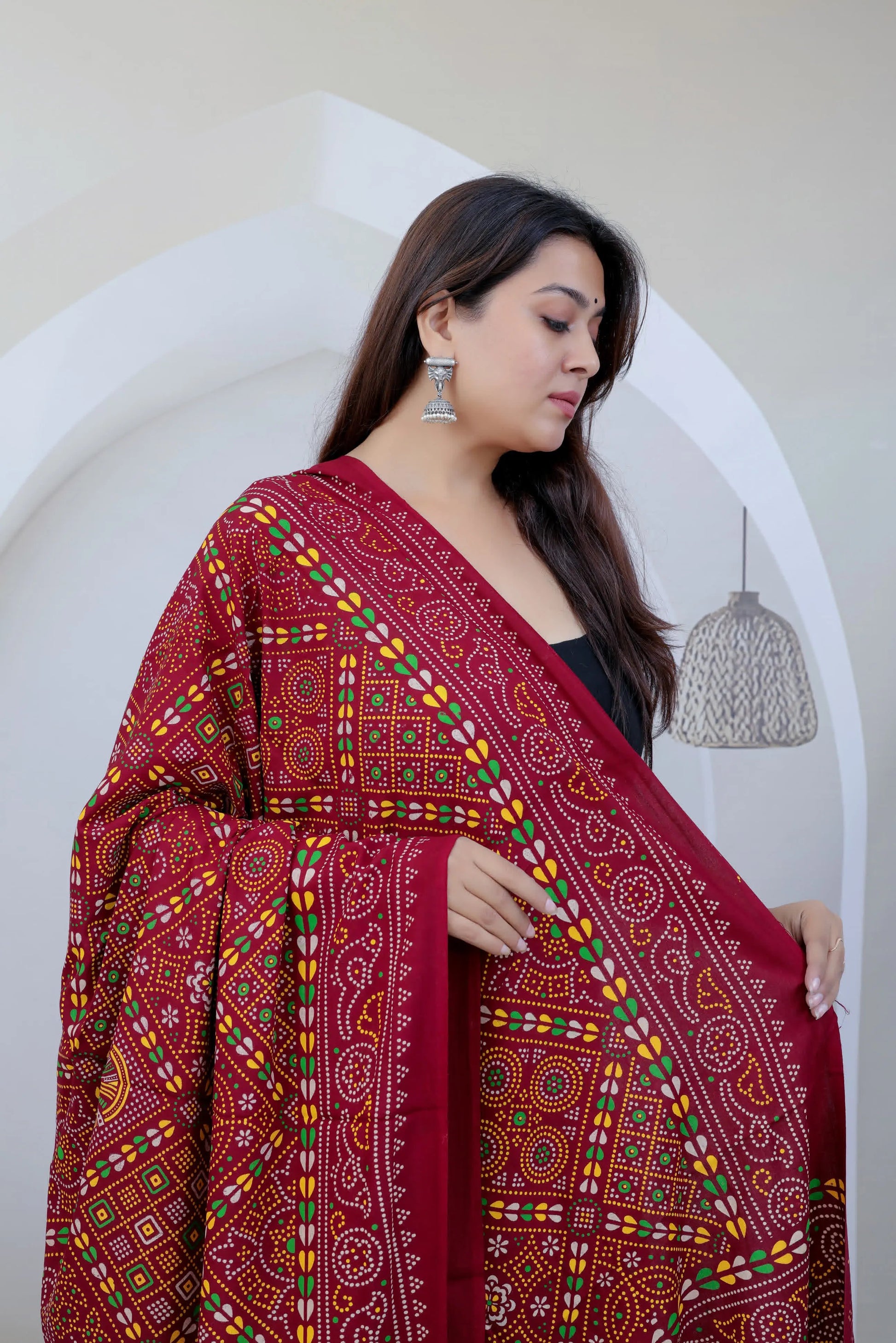 Maroon Ajarakh Bandhani Print Soft Cotton Dupatta RAKHIYO