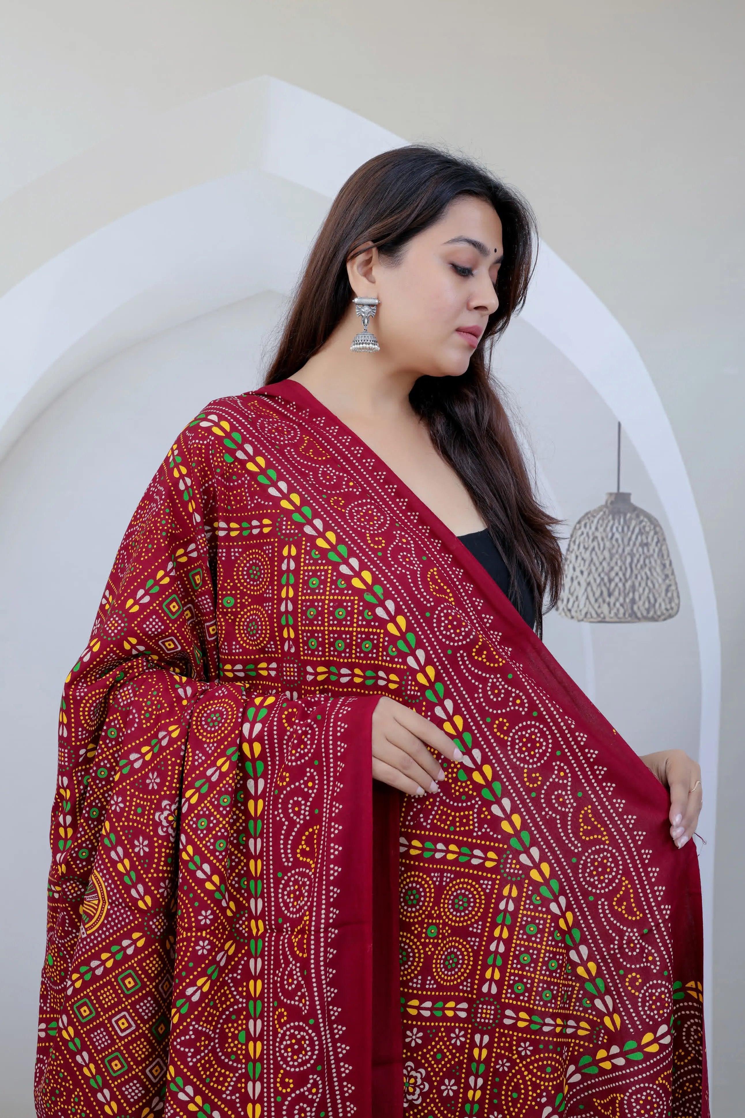 Maroon Ajarakh Bandhani Print Soft Cotton Dupatta RAKHIYO