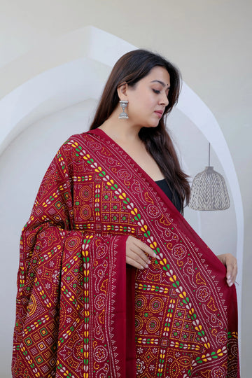 Maroon Ajarakh Bandhani Print Soft Cotton Dupatta RAKHIYO