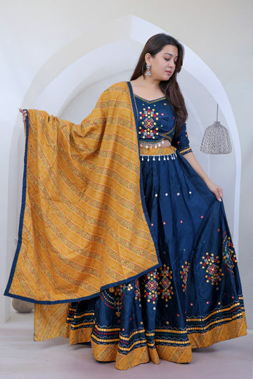 Ishita Navy Blue Kutchhi Embroidered Soft Cotton Chaniyacholi