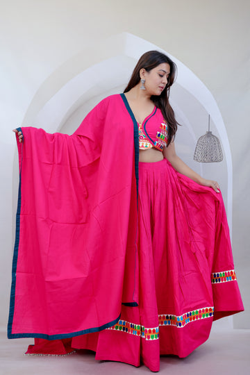 Divya Pink Kutchhi Embroidered Soft Cotton Chaniyacholi