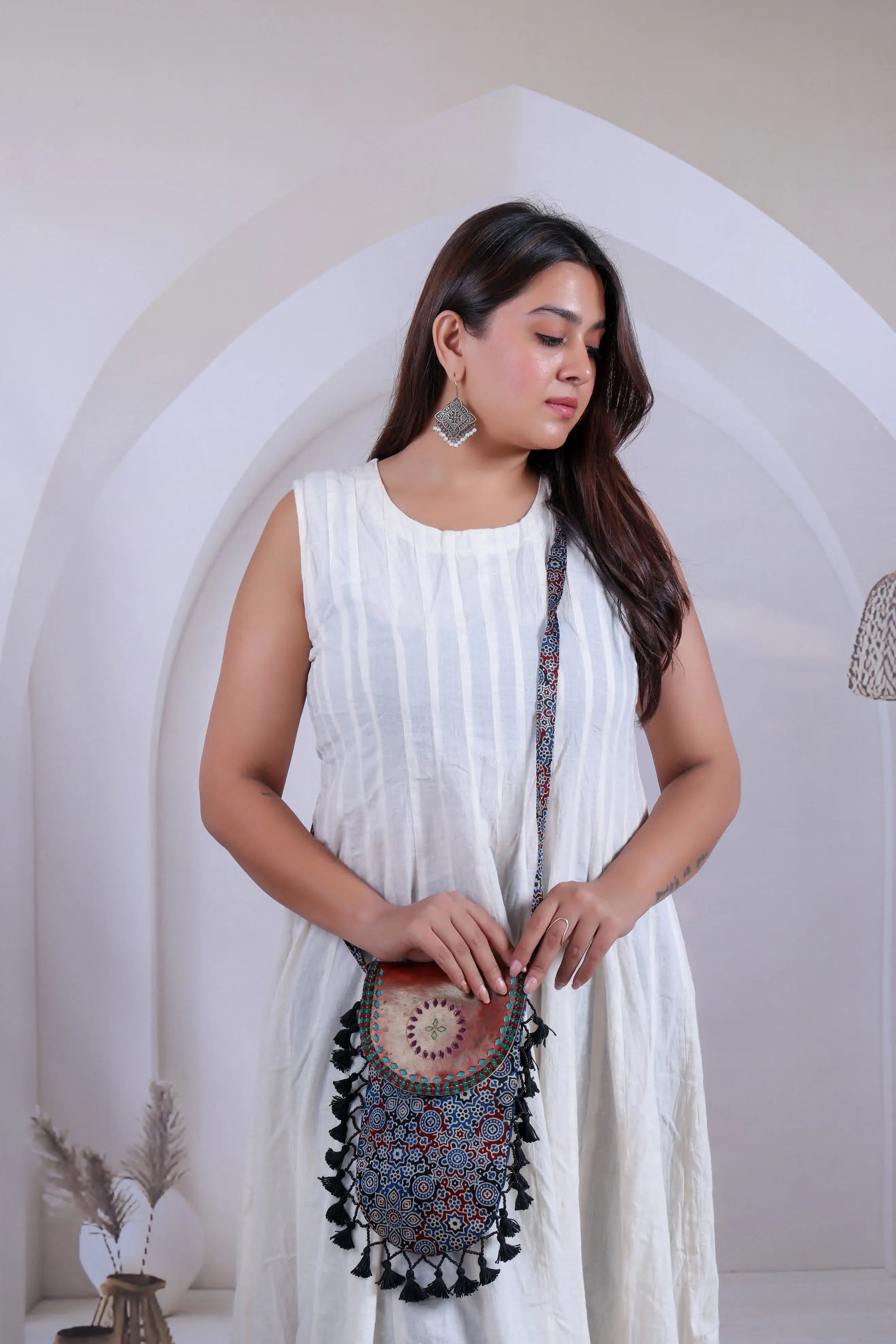 Ajarakh Leather Tassels Sling Bag RAKHIYO