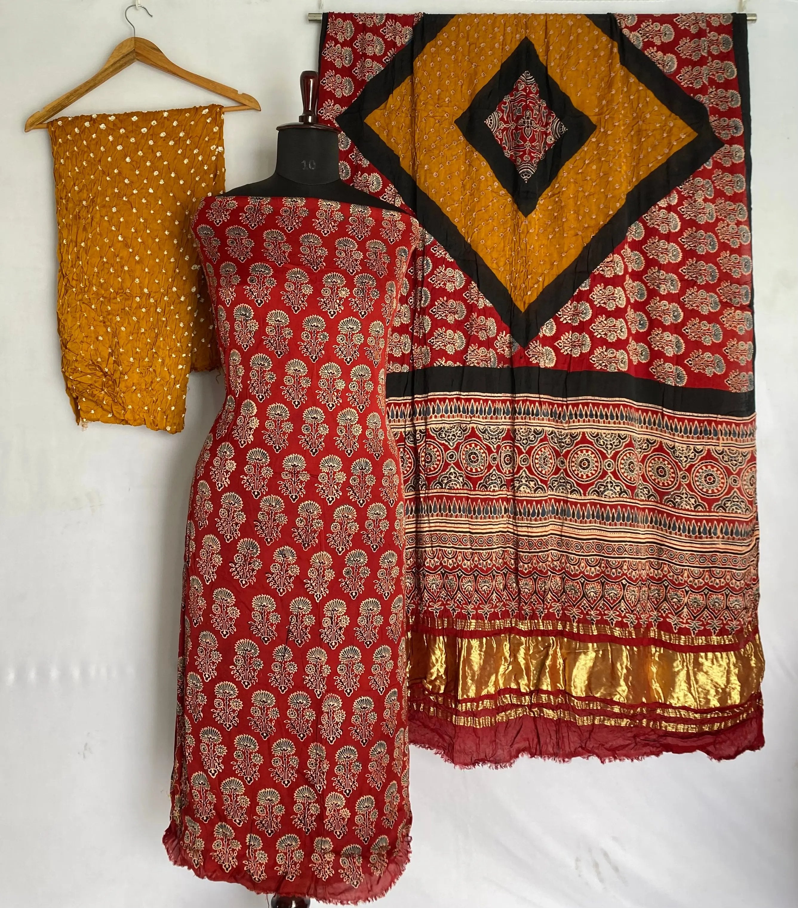 Maroon & Mustard Ajarakh Bandhani Modal Silk Suit Material RAKHIYO