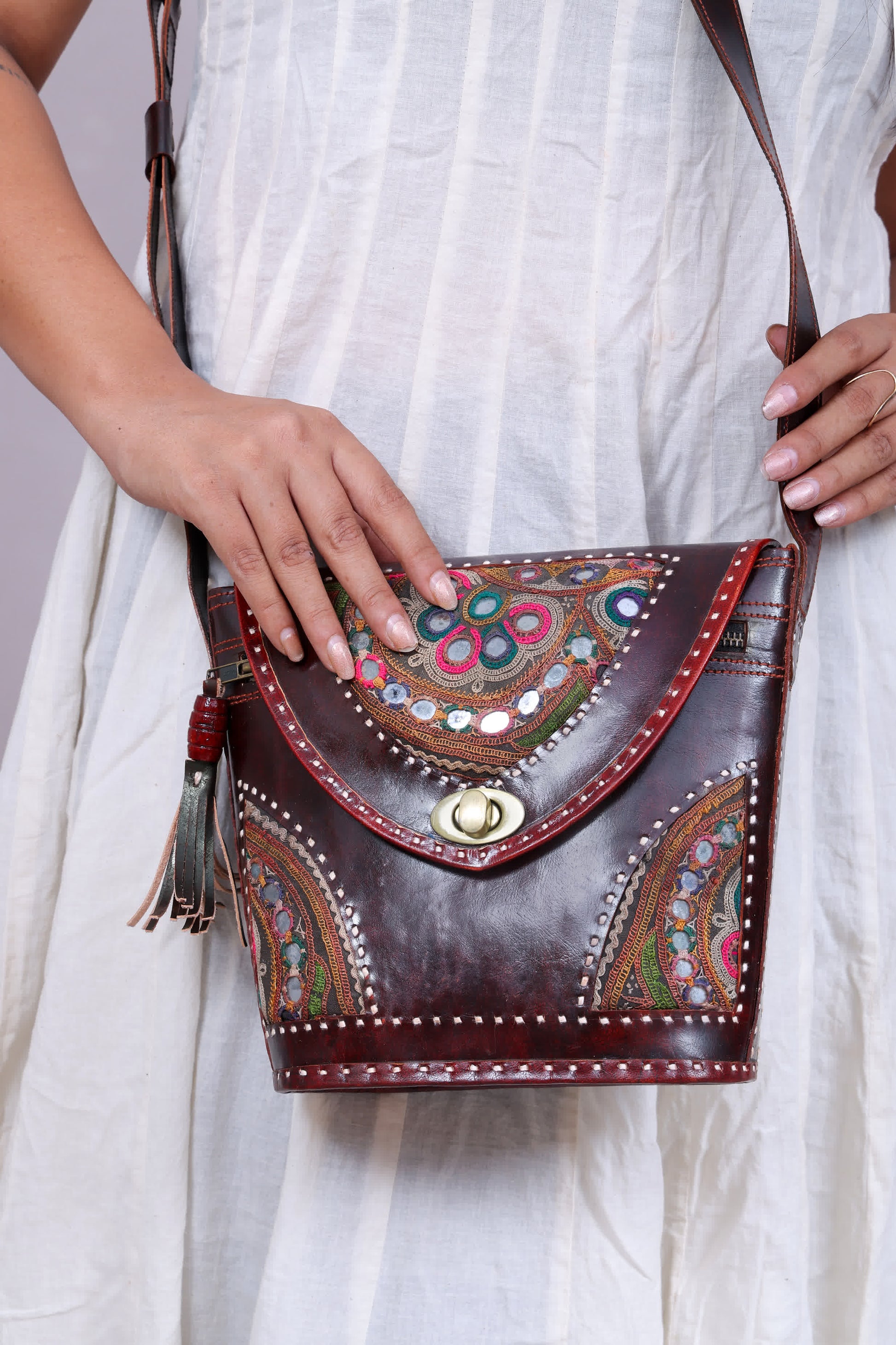 Brown Tri-Handwork Kutchhi Punching Bucket - The Sling RAKHIYO