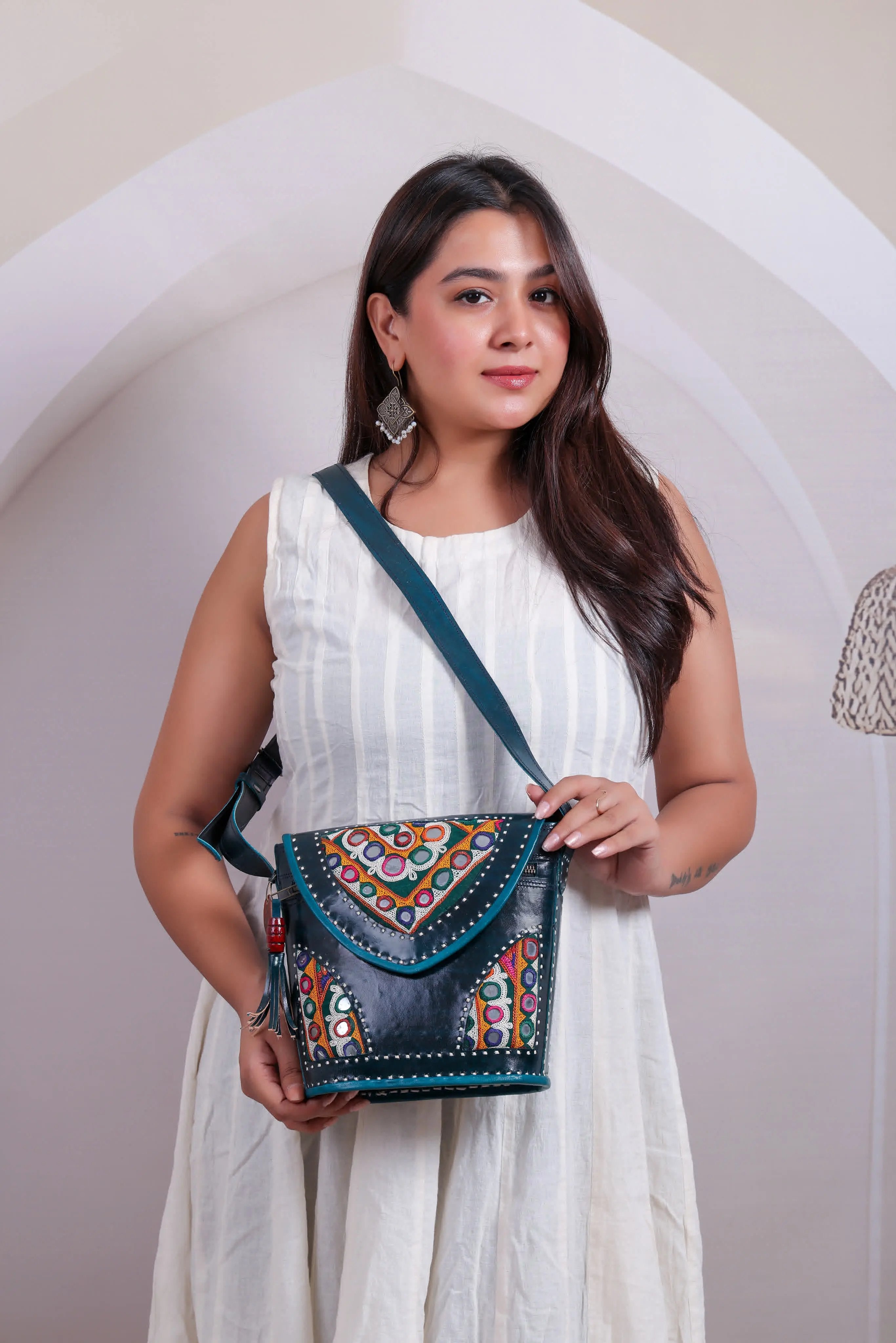 Sea Green Tri-Handwork Kutchhi Punching Bucket - The Sling RAKHIYO