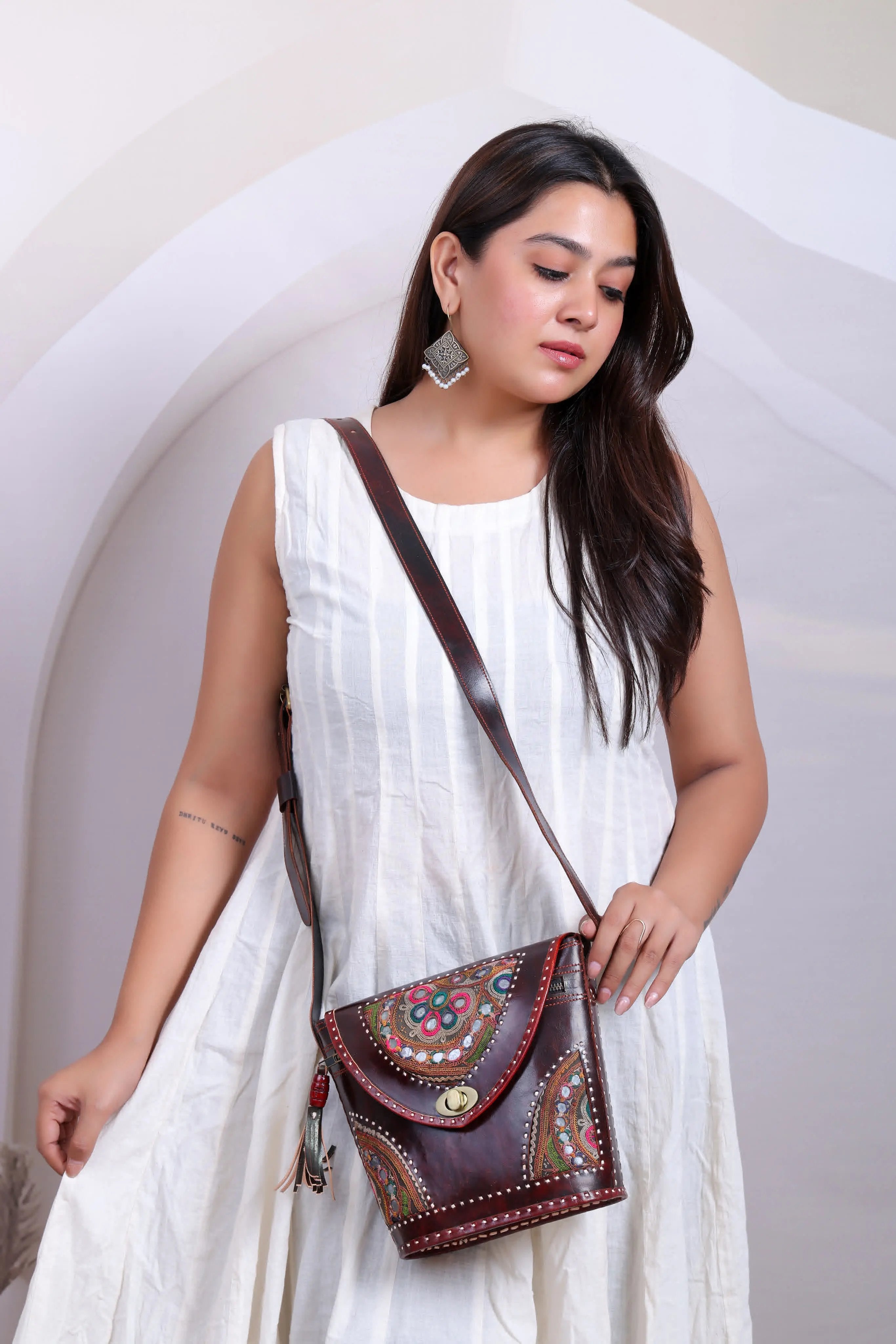 Brown Tri-Handwork Kutchhi Punching Bucket - The Sling RAKHIYO