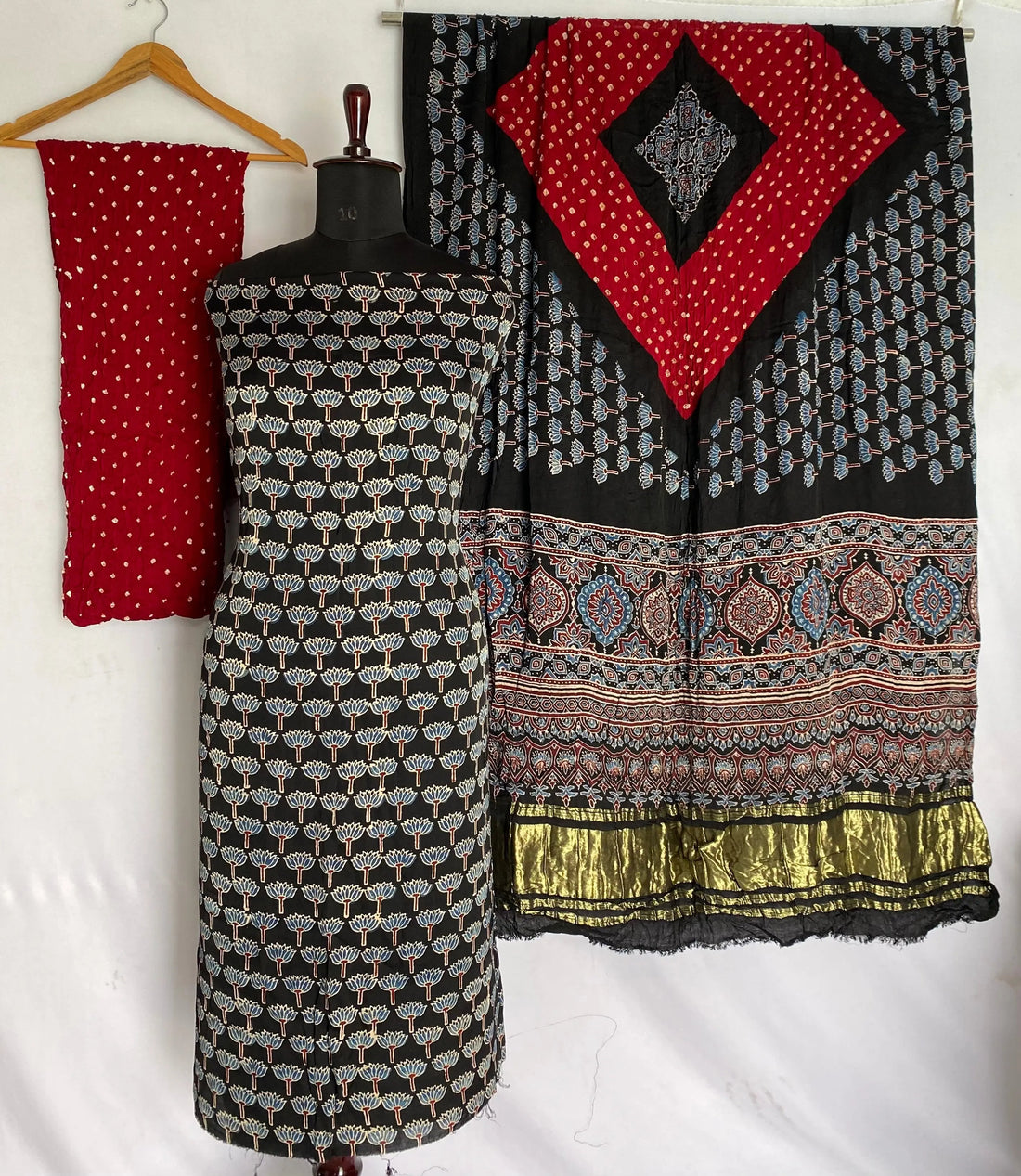 Black & Maroon Ajarakh Bandhani Modal Silk Suit Material RAKHIYO