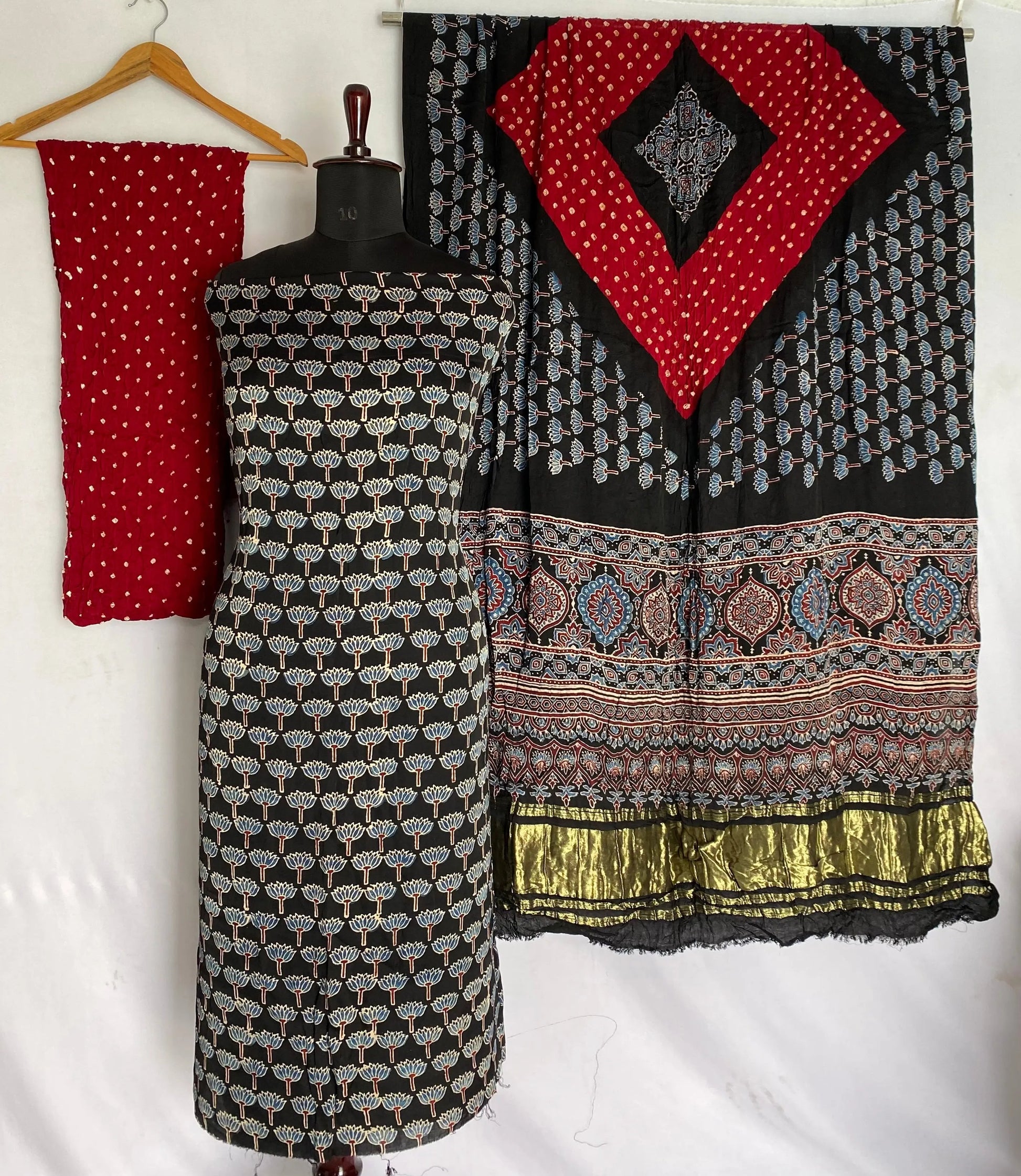Black & Maroon Ajarakh Bandhani Modal Silk Suit Material RAKHIYO