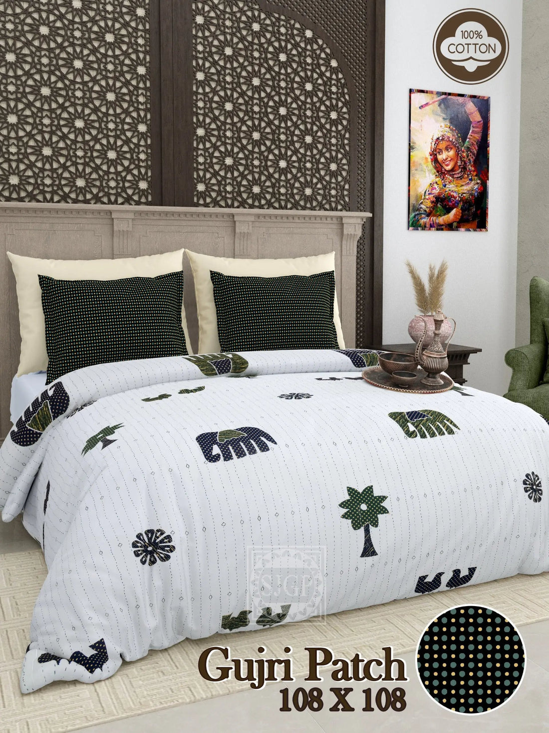 Elepant Gujri Patch & Kantha Print Double Bedsheet RAKHIYO