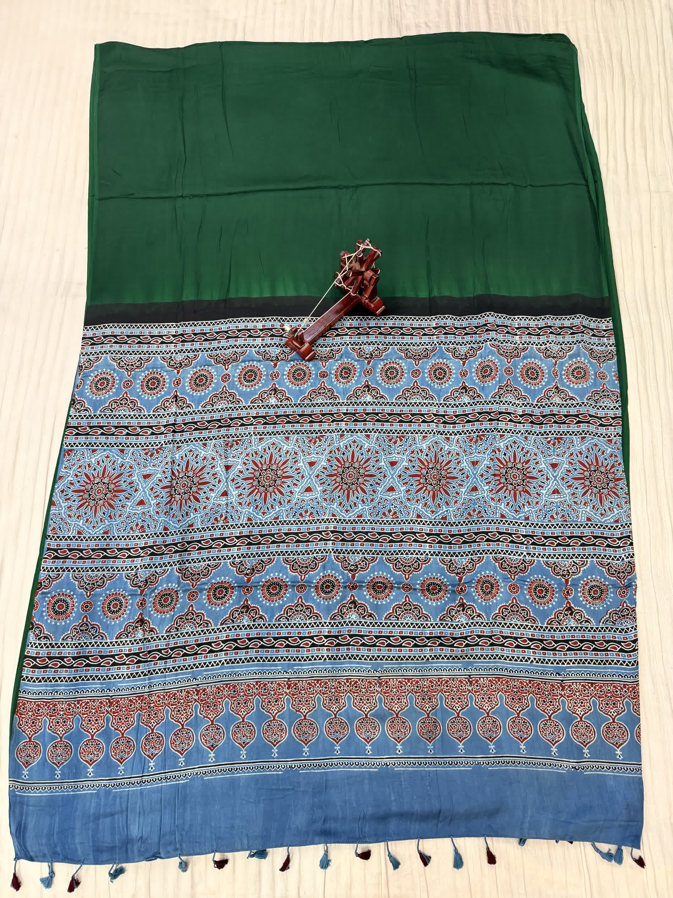Green Ajarakh Palla Plain Modal Saree RAKHIYO