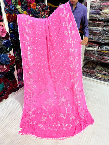 Pink Leaf Design Rai Bandhej Modal Saree RAKHIYO