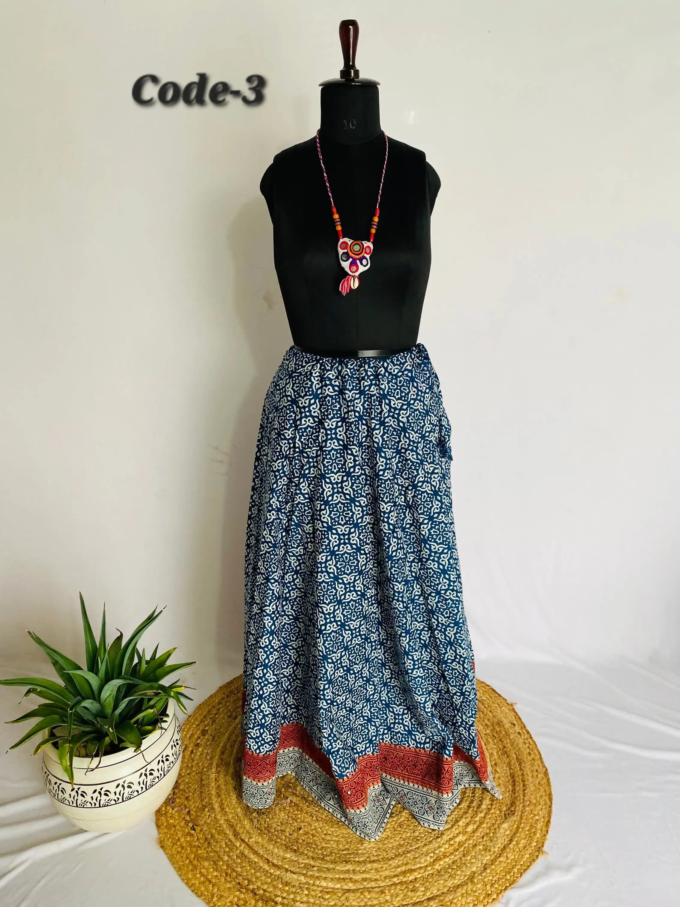 Indigo Blockprint Mirror Cotton Skirt RAKHIYO
