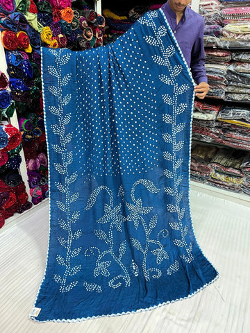 Teal Blue Leaf Design Rai Bandhej Modal Saree RAKHIYO