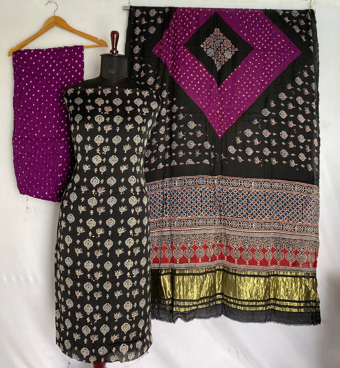 Black & Magenta Ajarakh Bandhani Modal Silk Suit Material RAKHIYO