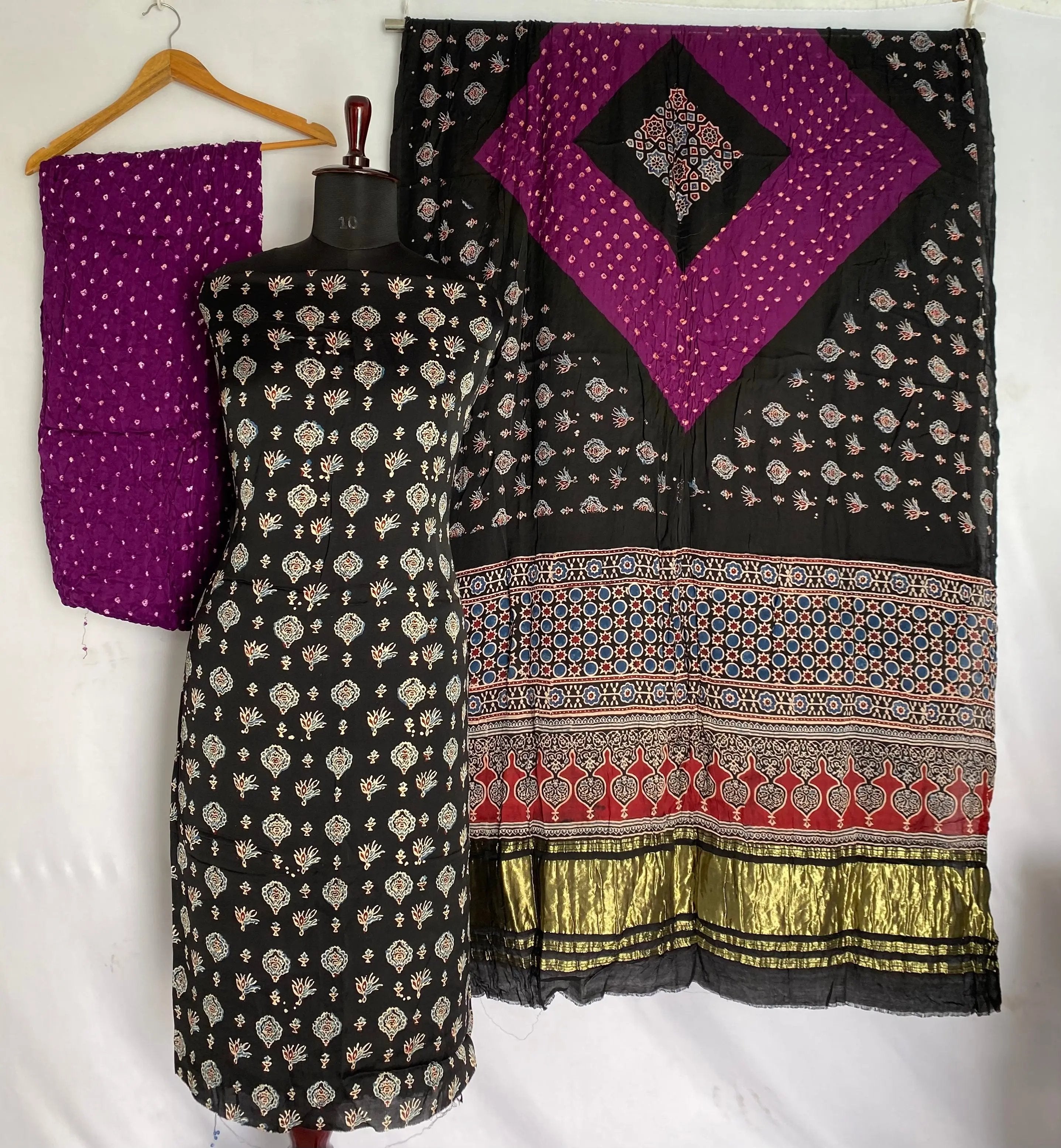 Black & Magenta Ajarakh Bandhani Modal Silk Suit Material RAKHIYO