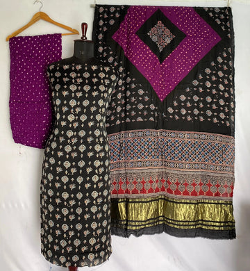 Black & Magenta Ajarakh Bandhani Modal Silk Suit Material RAKHIYO