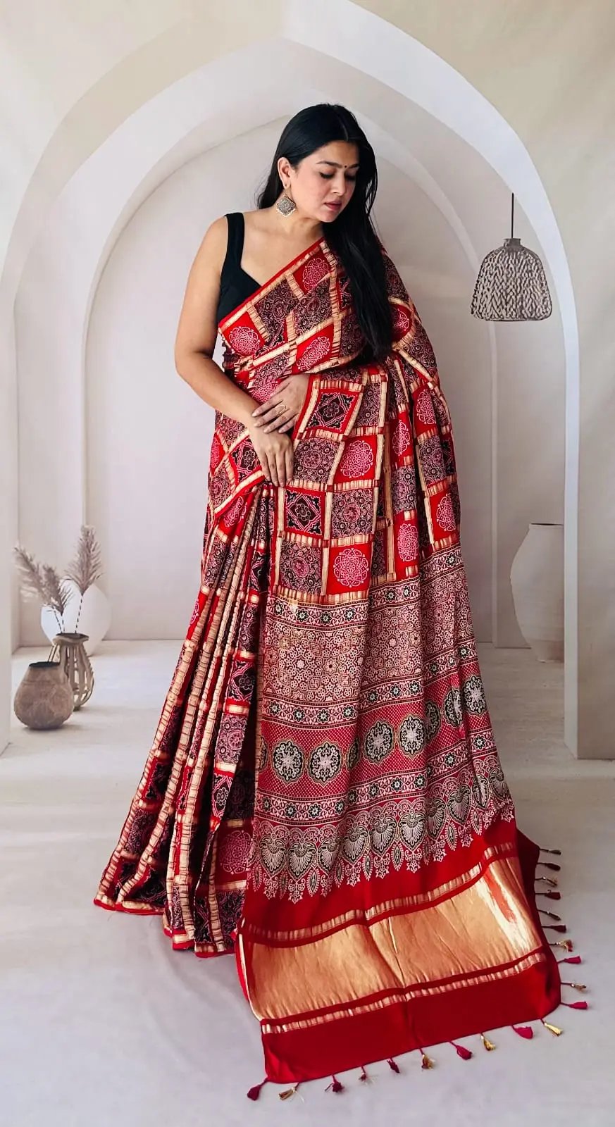 Red Ajarakh Garchola Modal Silk Saree RAKHIYO