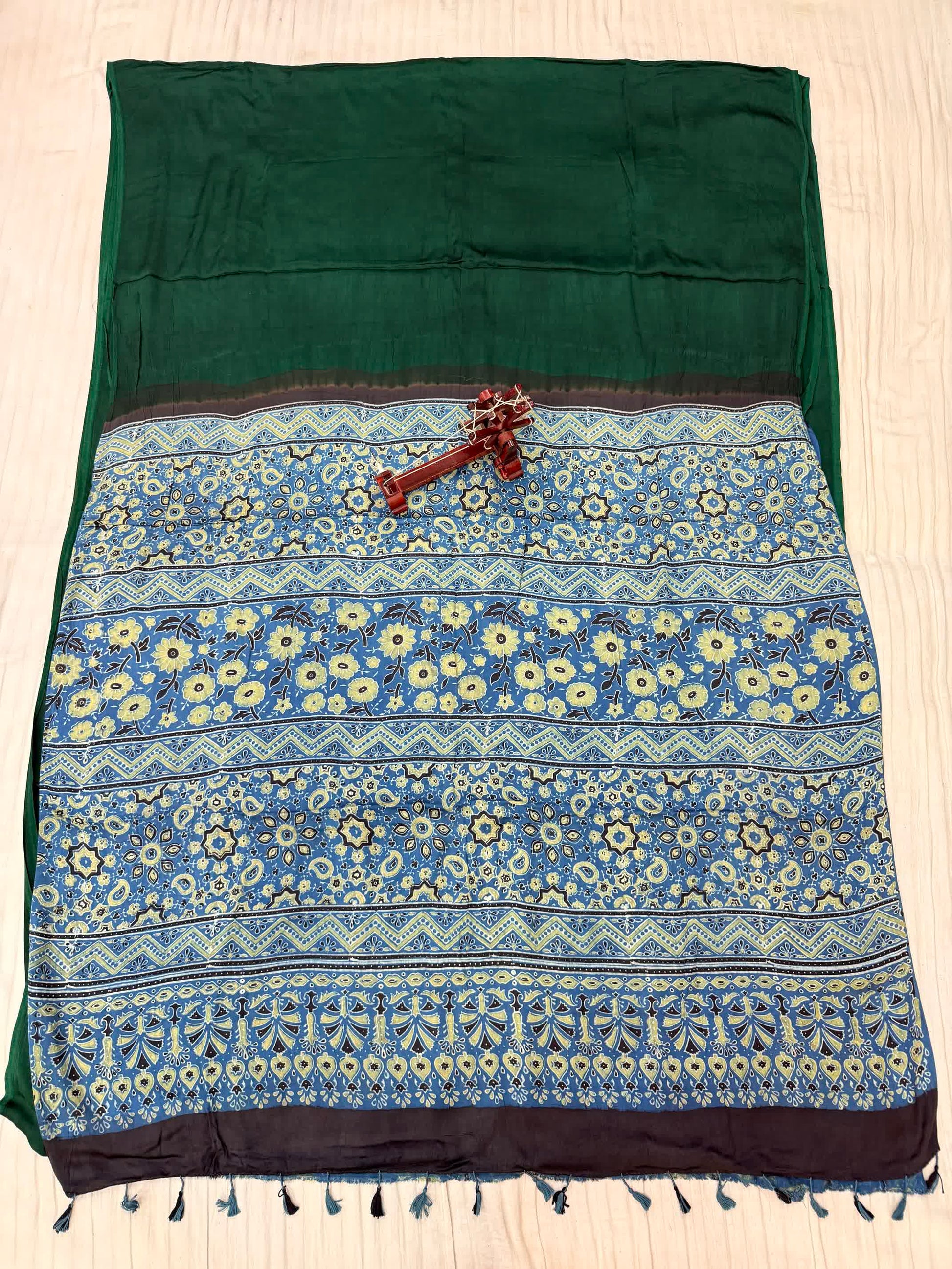 Green Ajarakh Palla Plain Modal Saree RAKHIYO