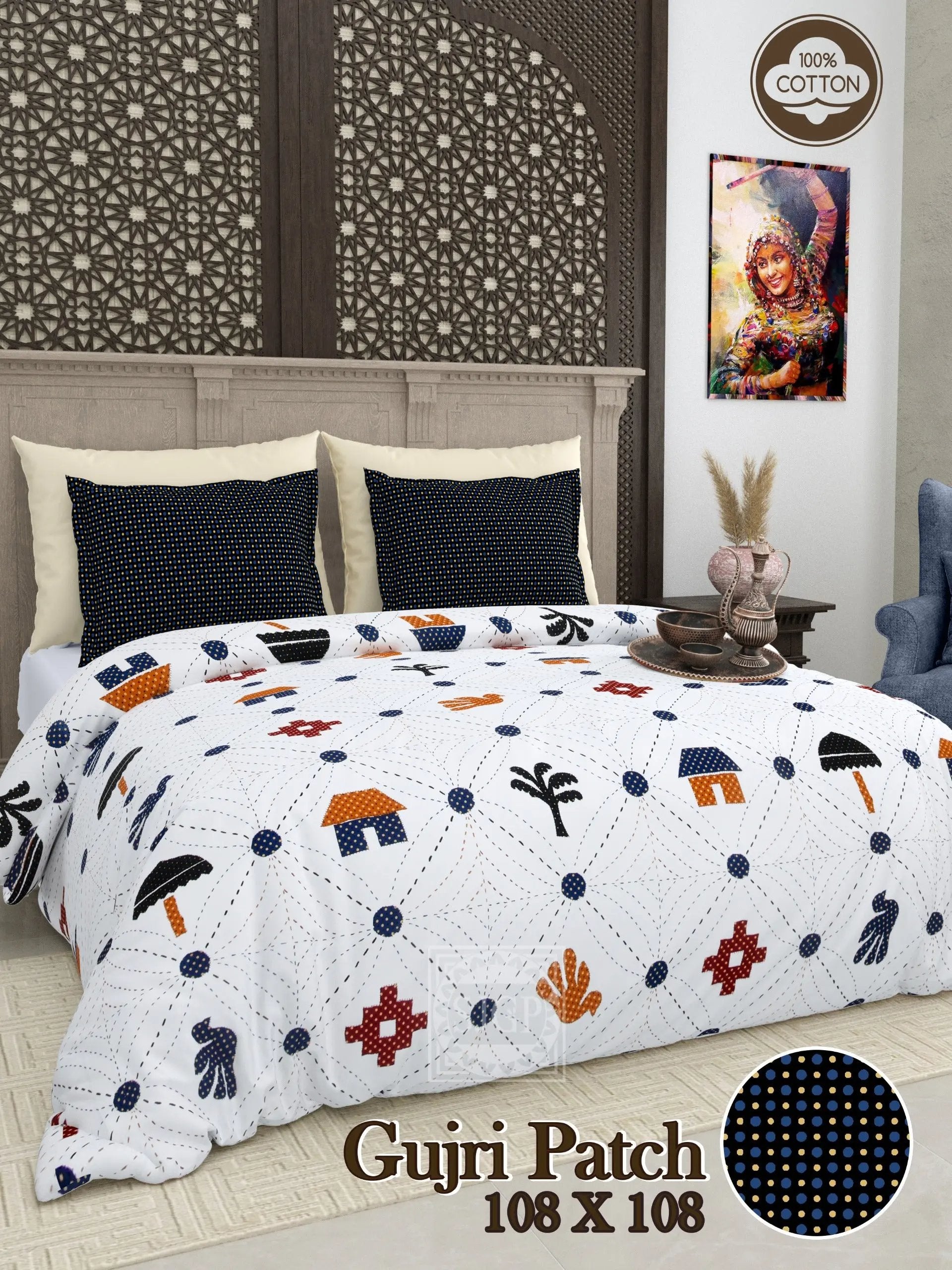 Tree & House Gujri Patch & Kantha Print Double Bedsheet RAKHIYO