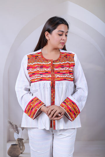 White Kantha Embroidered Jacket With Pant