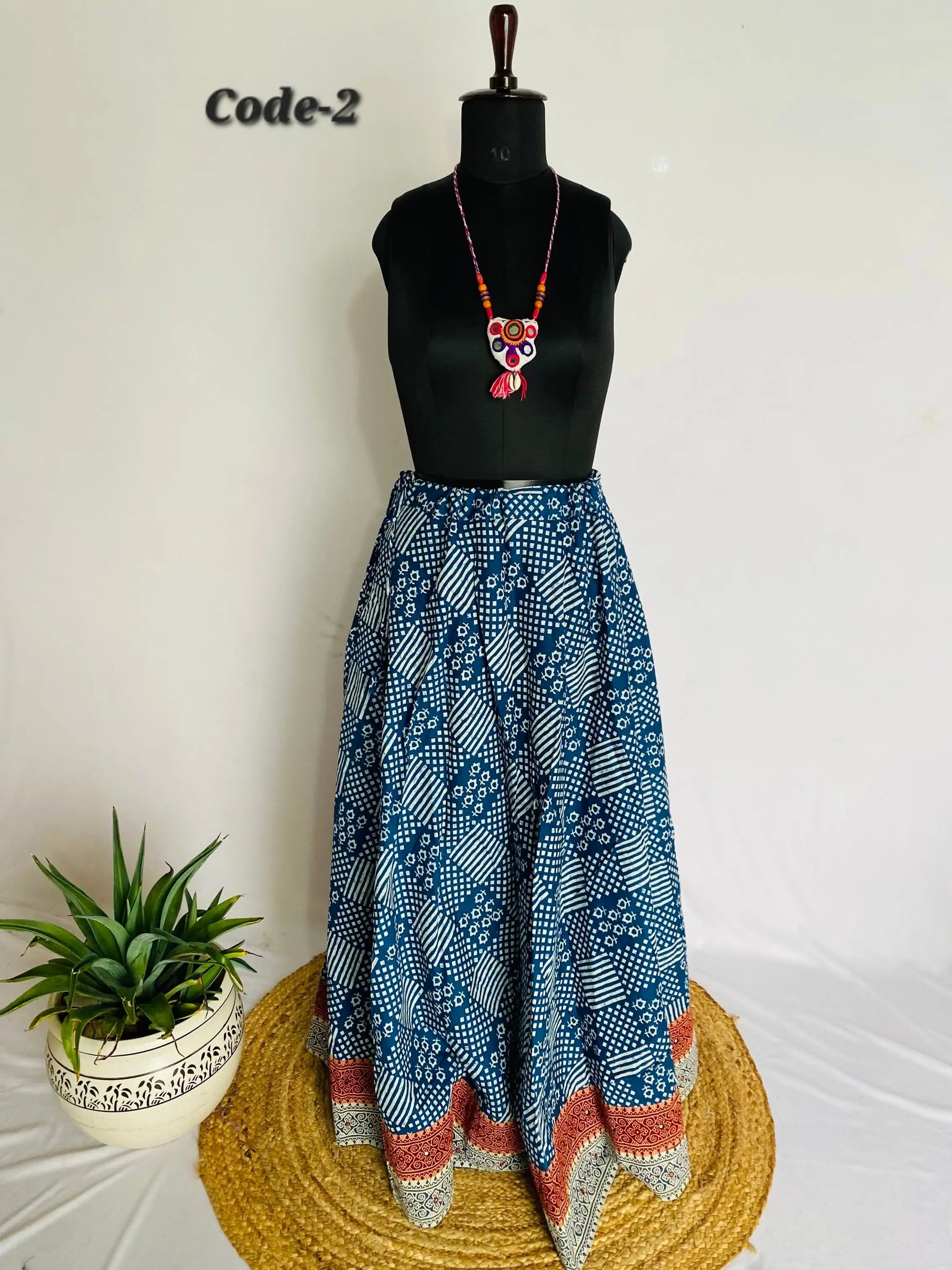 Indigo Blockprint Mirror Cotton Skirt RAKHIYO
