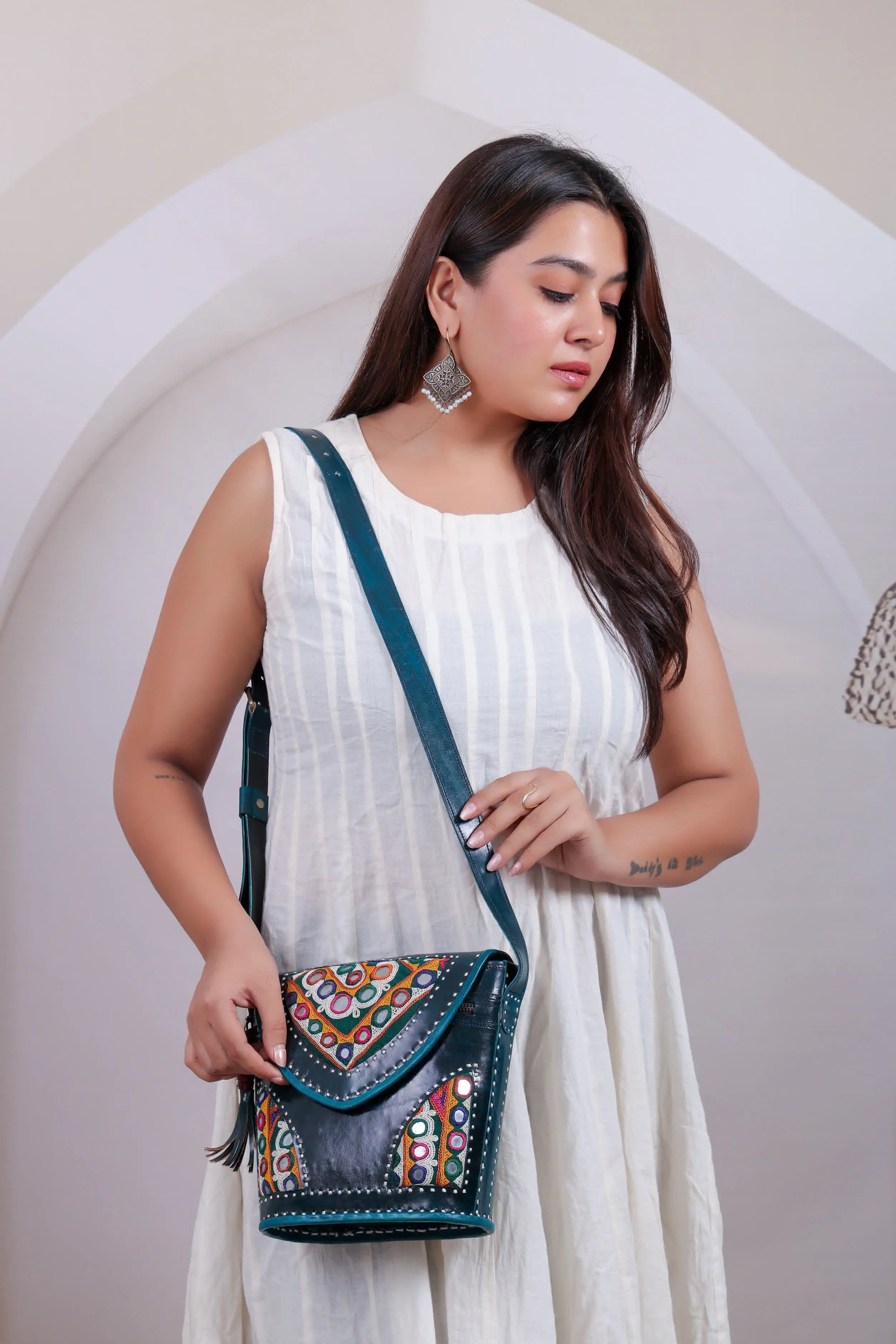 Sea Green Tri-Handwork Kutchhi Punching Bucket - The Sling RAKHIYO